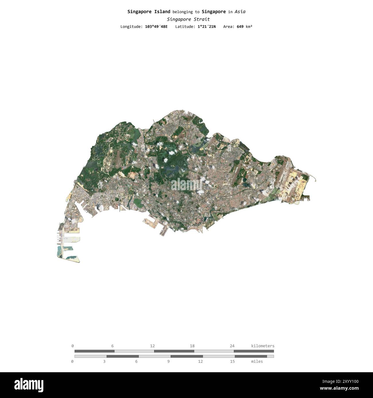 Île de Singapour dans le détroit de Singapour, appartenant à Singapour, isolée sur une image satellite prise le 1er mars 2021, avec échelle de distance Banque D'Images