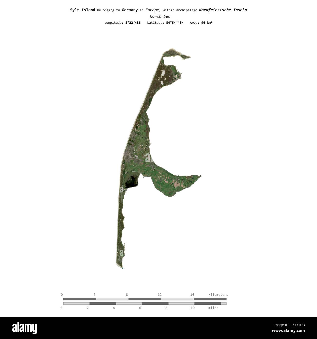 Île Sylt en mer du Nord, appartenant à l'Allemagne, isolée sur une image satellite prise le 4 septembre 2023, avec échelle de distance Banque D'Images