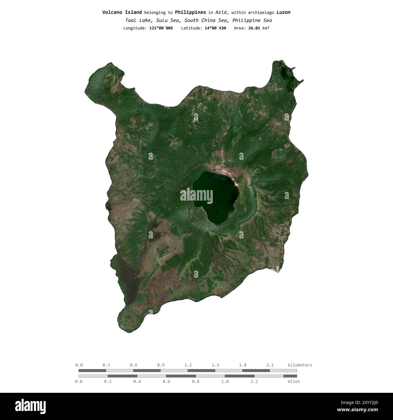 Volcano Island dans la mer de Sulu, appartenant aux Philippines, isolé sur une image satellite prise le 14 novembre 2018, avec échelle de distance Banque D'Images