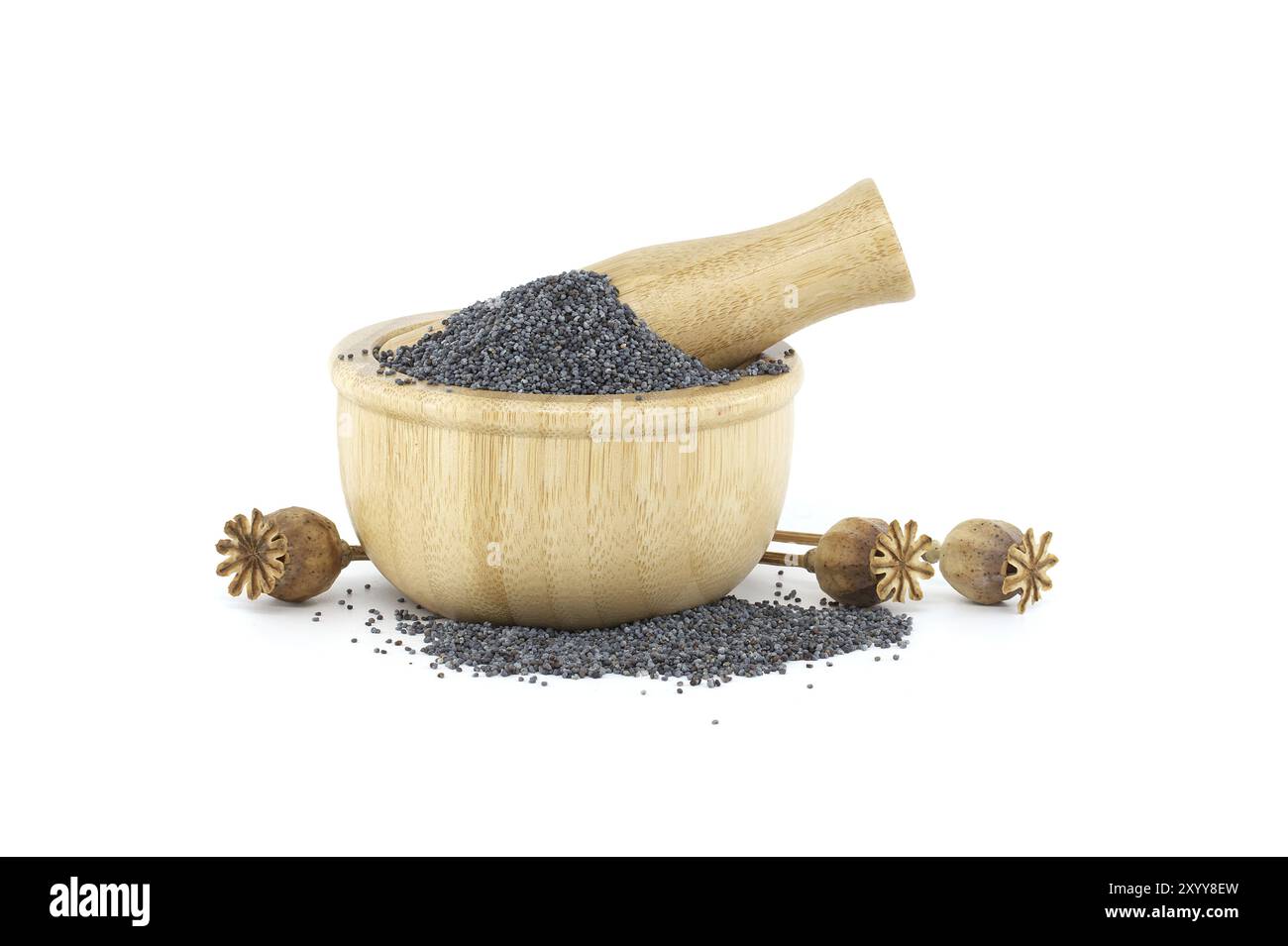 Graines de pavot dans le mortier en bois avec pilon et gousses de graines de pavot séchées isolées sur fond blanc, pleine profondeur de champ Banque D'Images