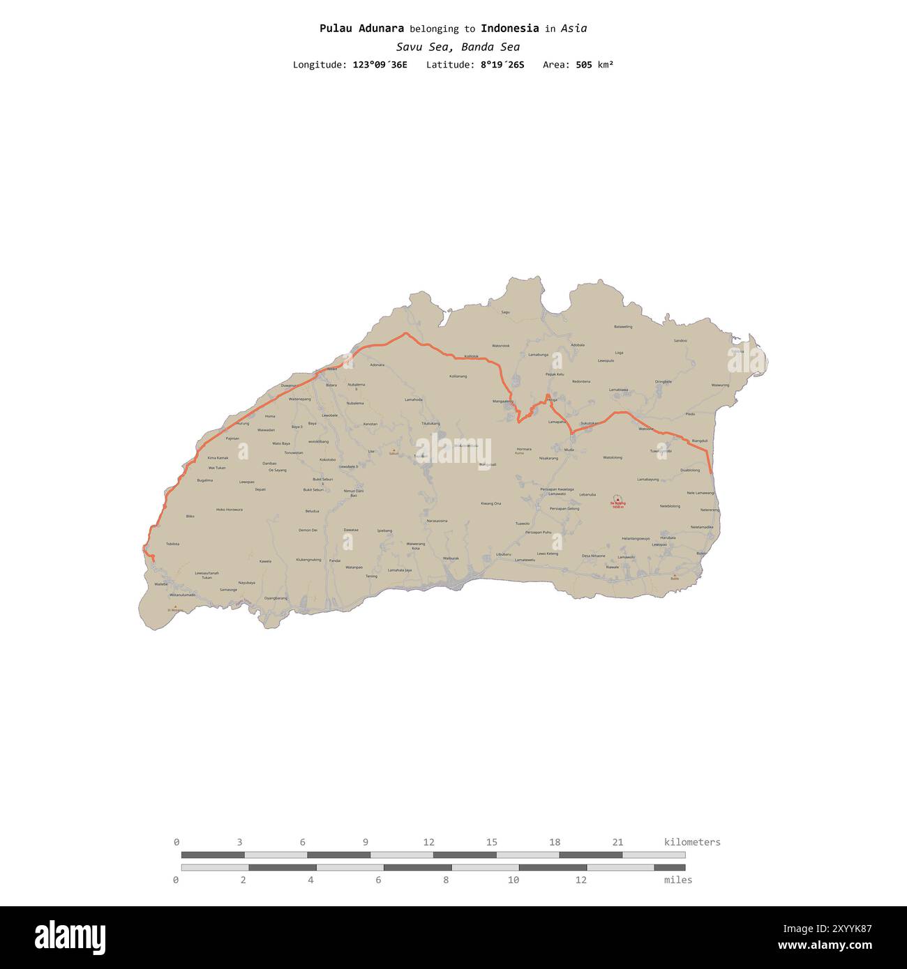 Pulau Adunara dans la mer de Savu, appartenant à l'Indonésie, isolé sur une carte topographique de style standard OSM, avec échelle de distance Banque D'Images