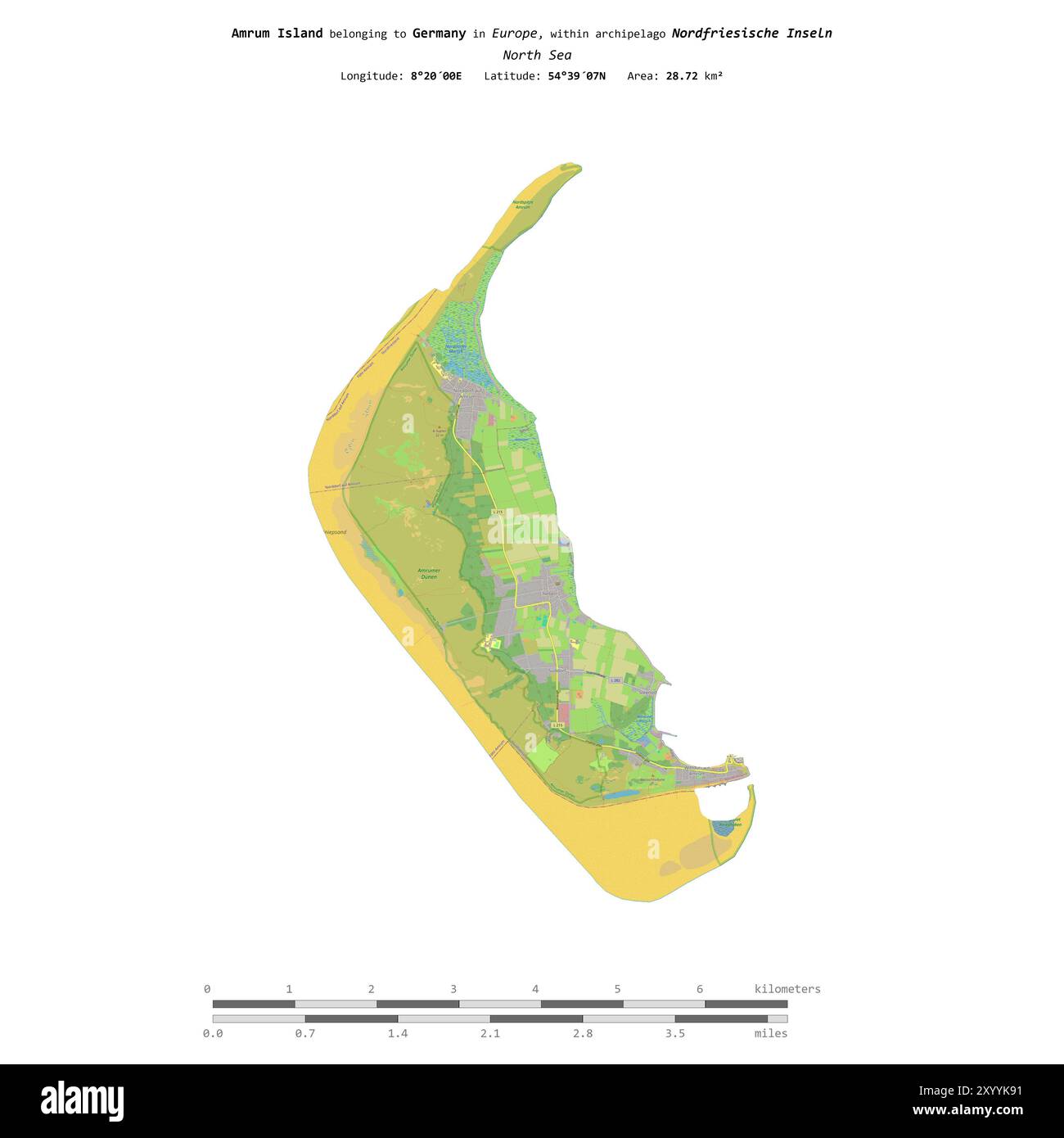 Île d'Amrum dans la mer du Nord, appartenant à l'Allemagne, isolée sur une carte topographique de style standard OSM, avec échelle de distance Banque D'Images