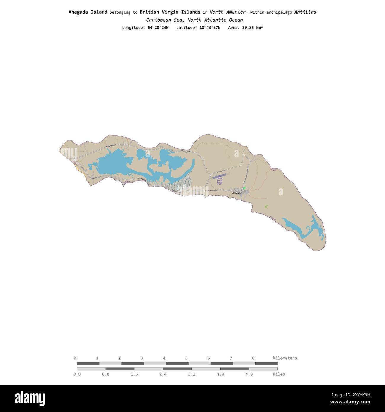 Île d'Anegada dans la mer des Caraïbes, appartenant aux îles Vierges britanniques, isolée sur une carte topographique de style OSM standard, avec échelle de distance Banque D'Images