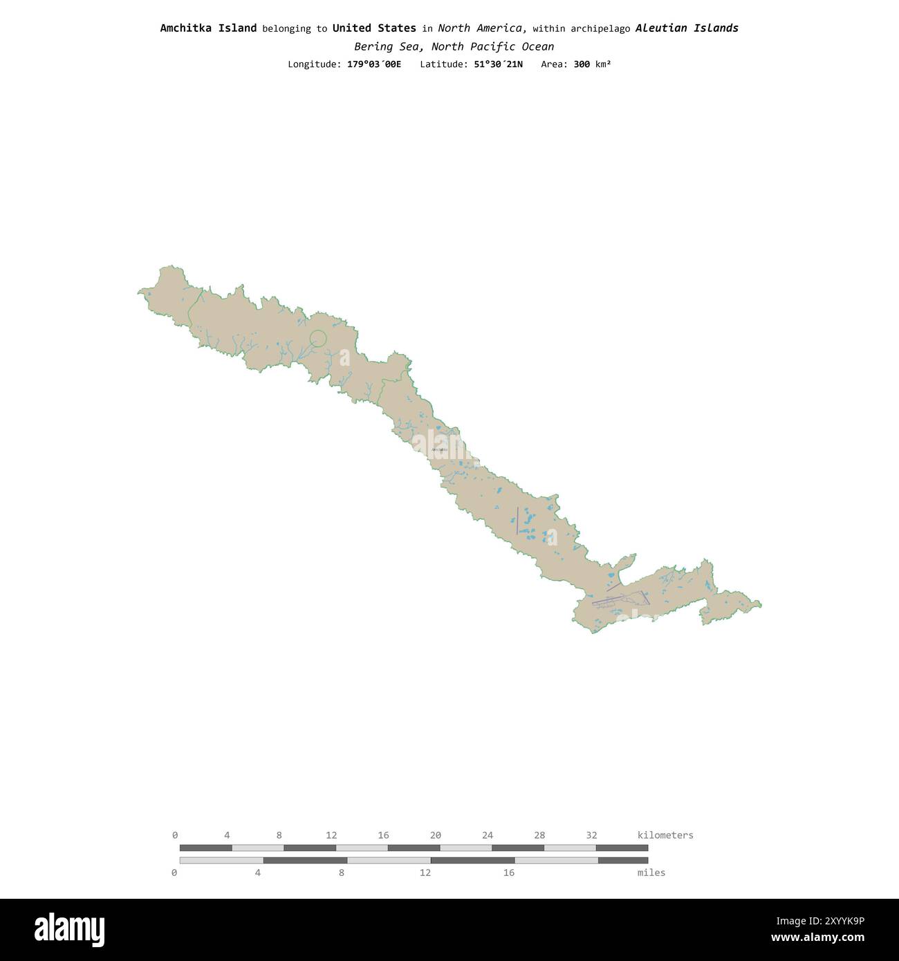 Île d'Amchitka dans la mer de Béring, appartenant aux États-Unis, isolée sur une carte topographique de style OSM standard, avec échelle de distance Banque D'Images