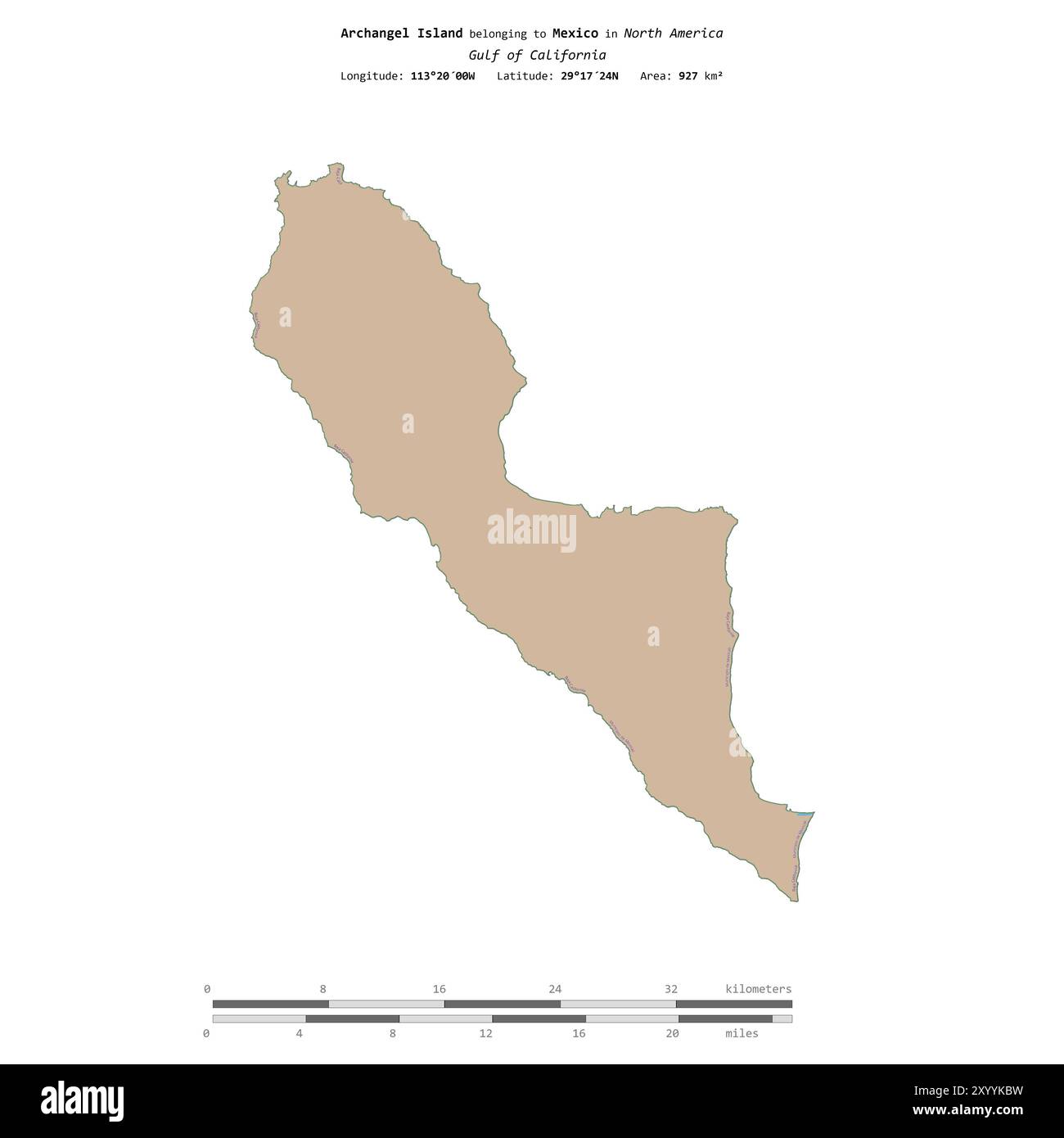Île de l'Archange dans le golfe de Californie, appartenant au Mexique, isolée sur une carte topographique de style OSM standard, avec échelle de distance Banque D'Images