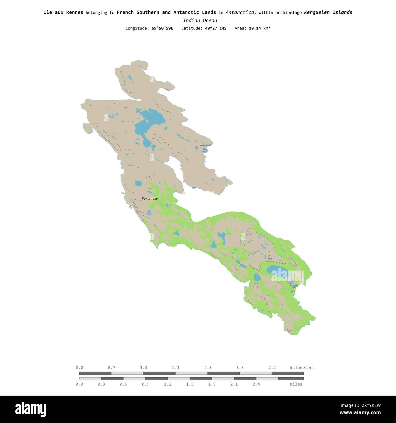 Ile aux Rennes dans l'Océan Indien, appartenant aux terres australes et antarctiques françaises, isolée sur une carte topographique de style standard OSM, avec distance Banque D'Images
