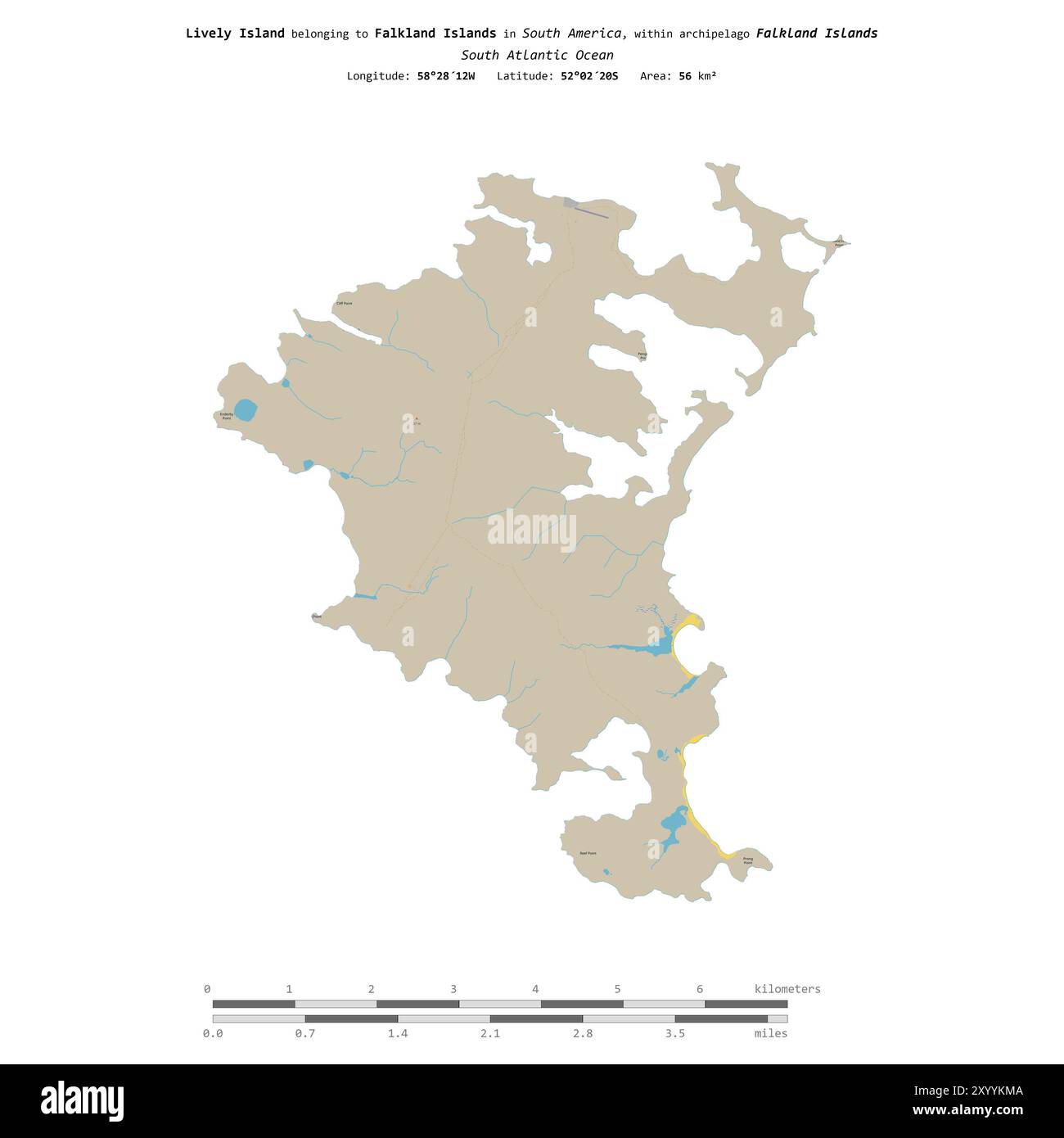 Île animée dans l'océan Atlantique Sud, appartenant aux îles Falkland, isolée sur une carte topographique de style standard OSM, avec échelle de distance Banque D'Images