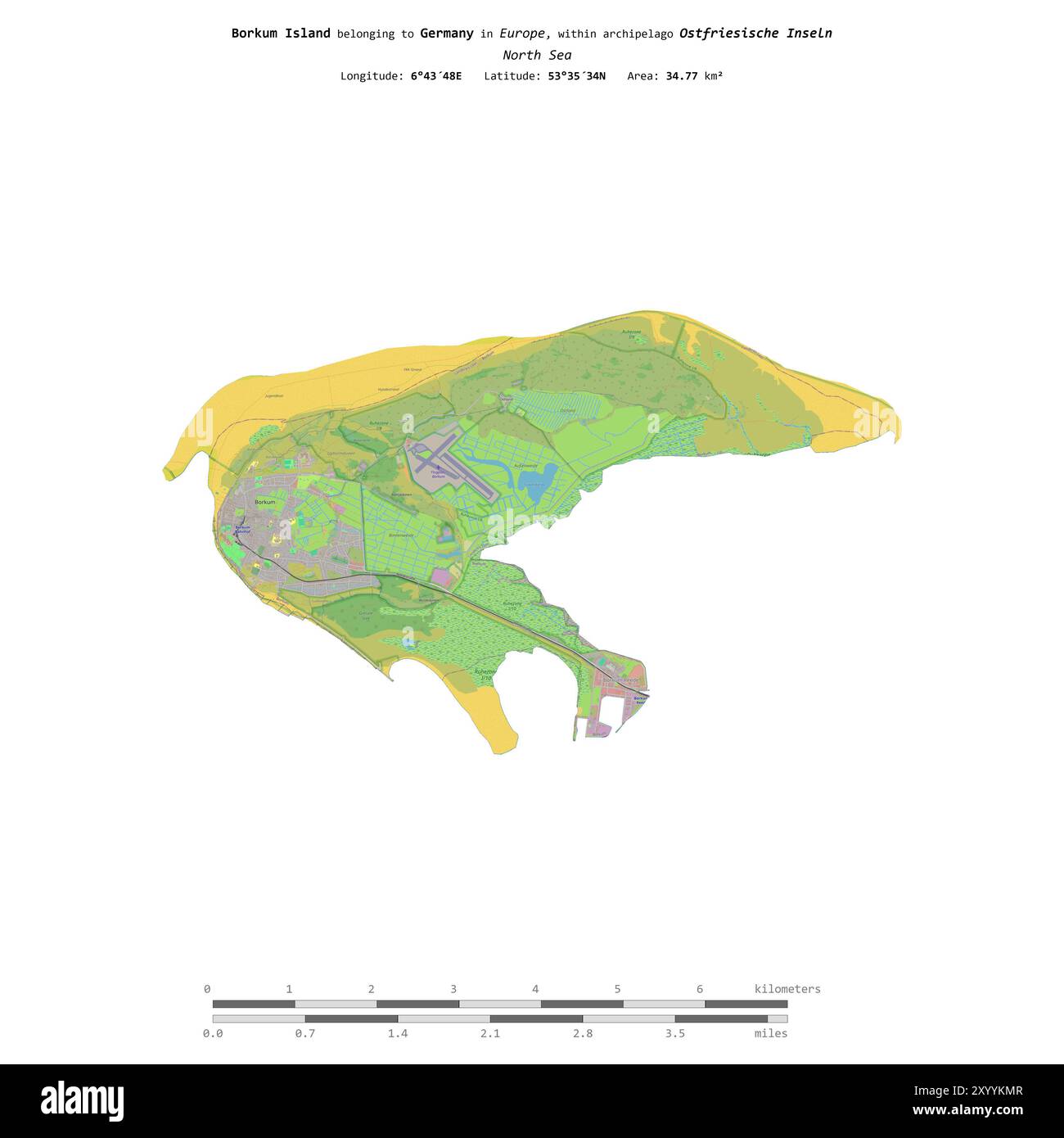Île de Borkum dans la mer du Nord, appartenant à l'Allemagne, isolée sur une carte topographique de style standard OSM, avec échelle de distance Banque D'Images