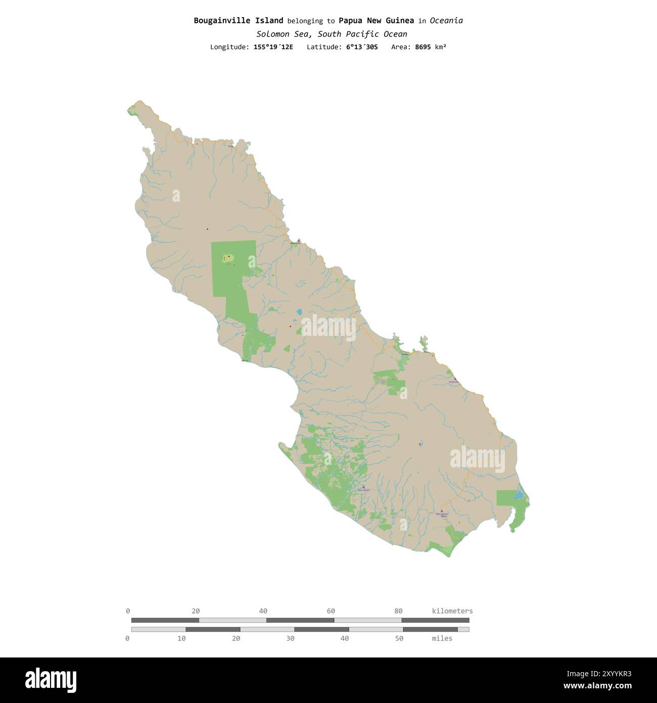 Île de Bougainville dans la mer des Salomon, appartenant à la Papouasie-Nouvelle-Guinée, isolée sur une carte topographique de style OSM standard, avec échelle de distance Banque D'Images