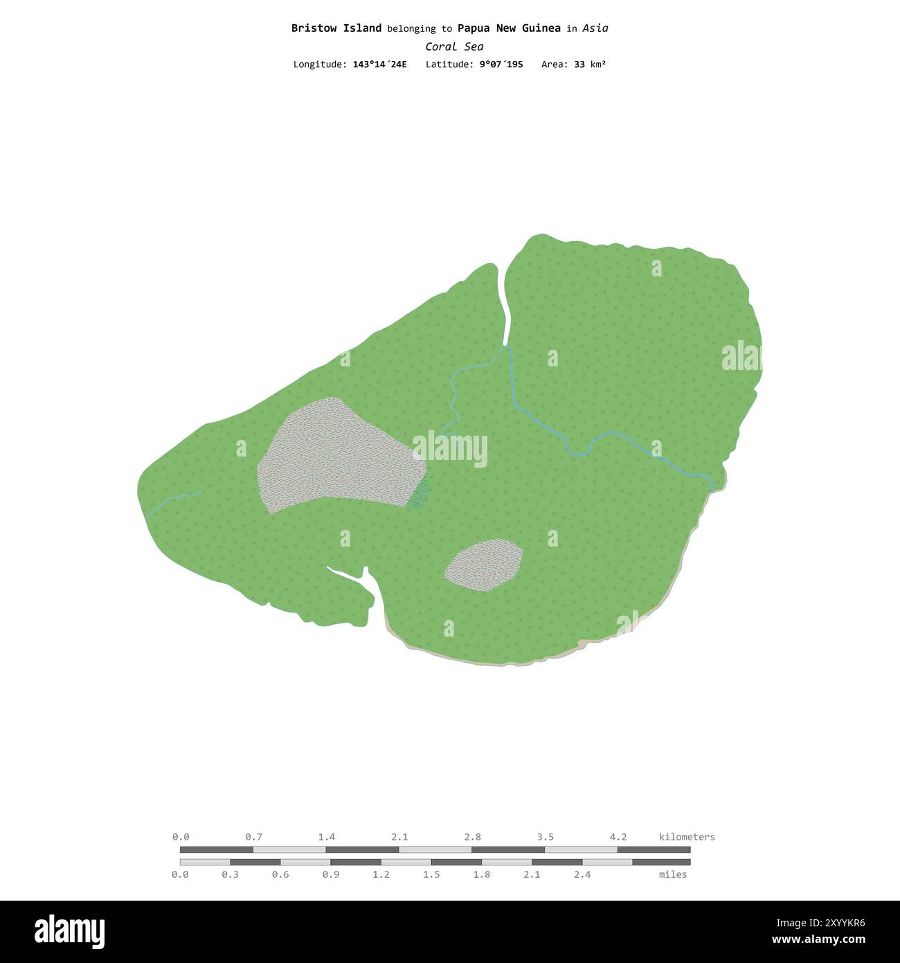 Île de Bristow dans la mer de Corail, appartenant à la Papouasie-Nouvelle-Guinée, isolée sur une carte topographique de style OSM standard, avec échelle de distance Banque D'Images