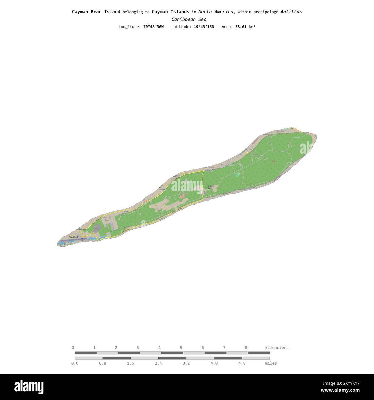 Cayman Brac Island dans la mer des Caraïbes, appartenant aux îles Caïmans, isolé sur une carte topographique de style OSM standard, avec échelle de distance Banque D'Images