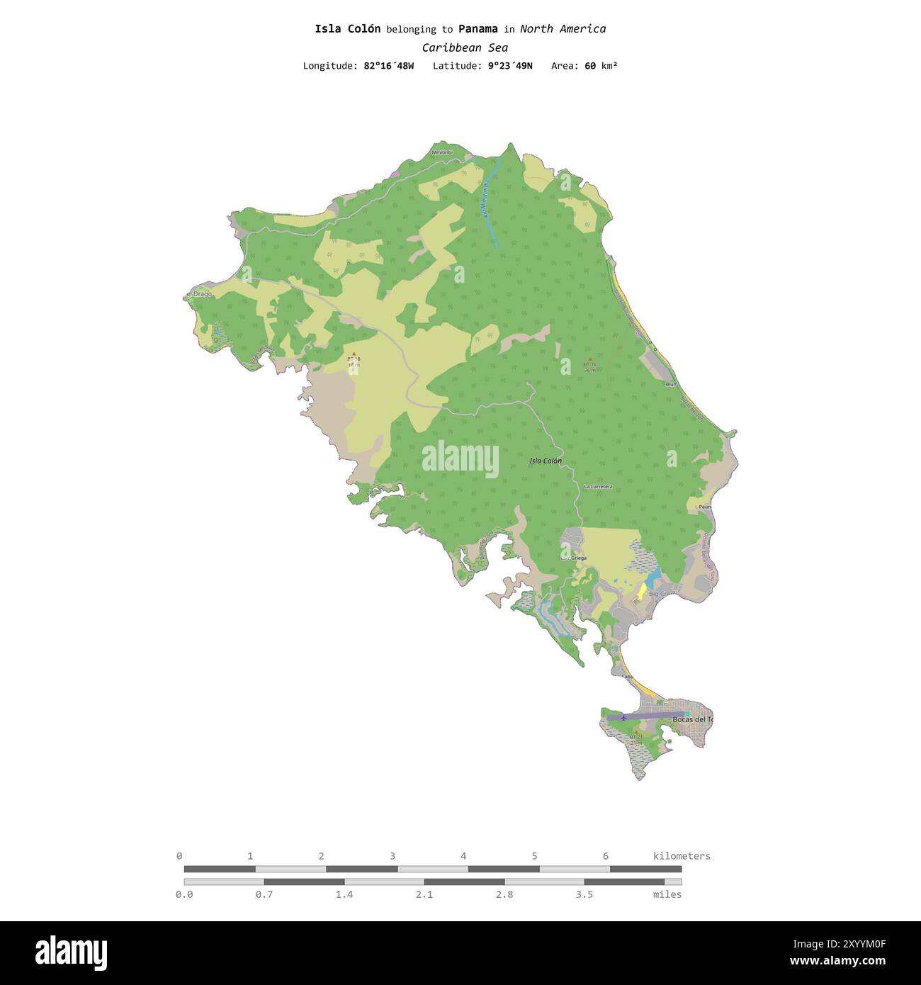 Isla Colon dans la mer des Caraïbes, appartenant au Panama, isolé sur une carte topographique de style standard OSM, avec échelle de distance Banque D'Images