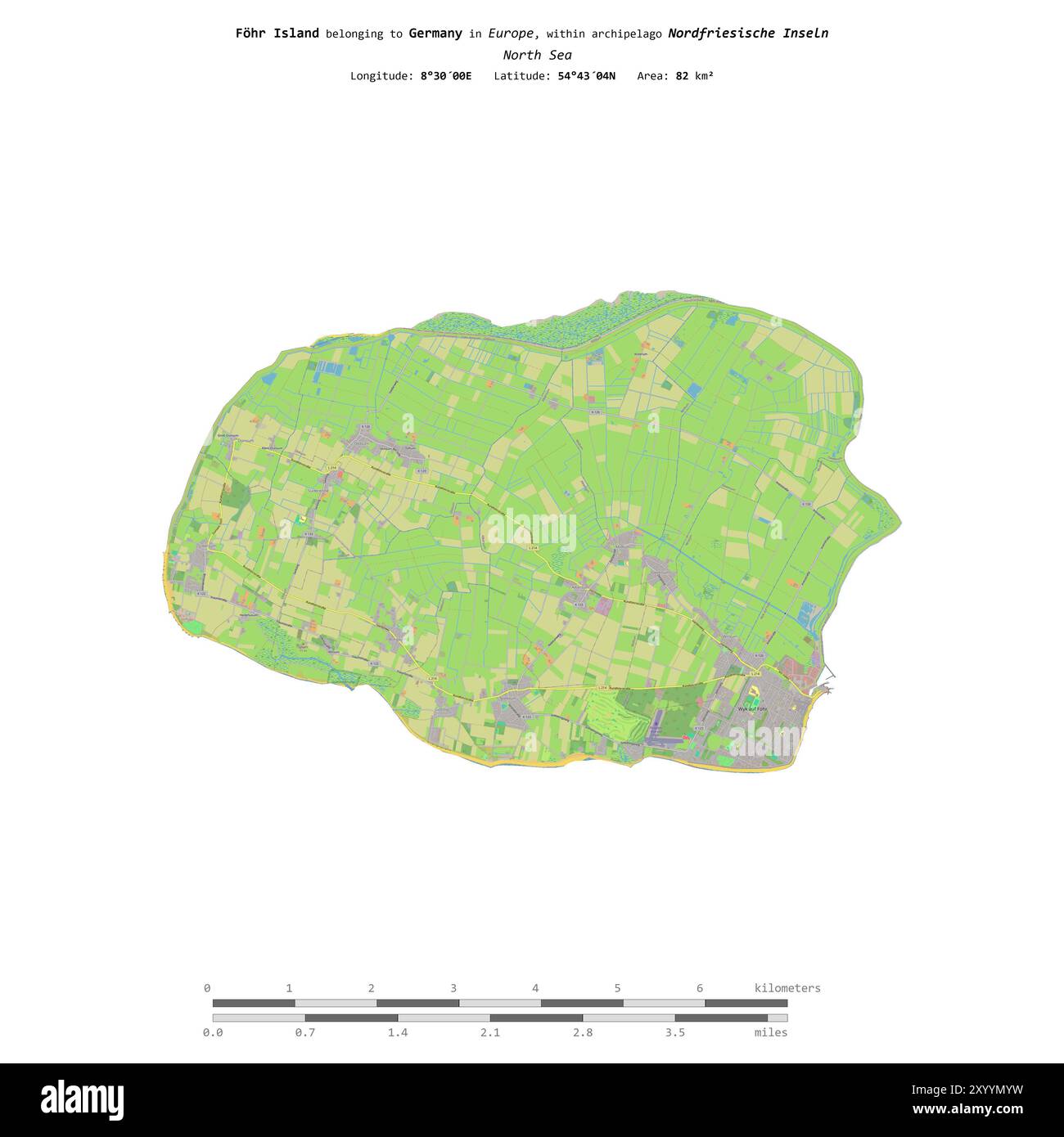 Île Fohr en mer du Nord, appartenant à l'Allemagne, isolée sur une carte topographique de style standard OSM, avec échelle de distance Banque D'Images