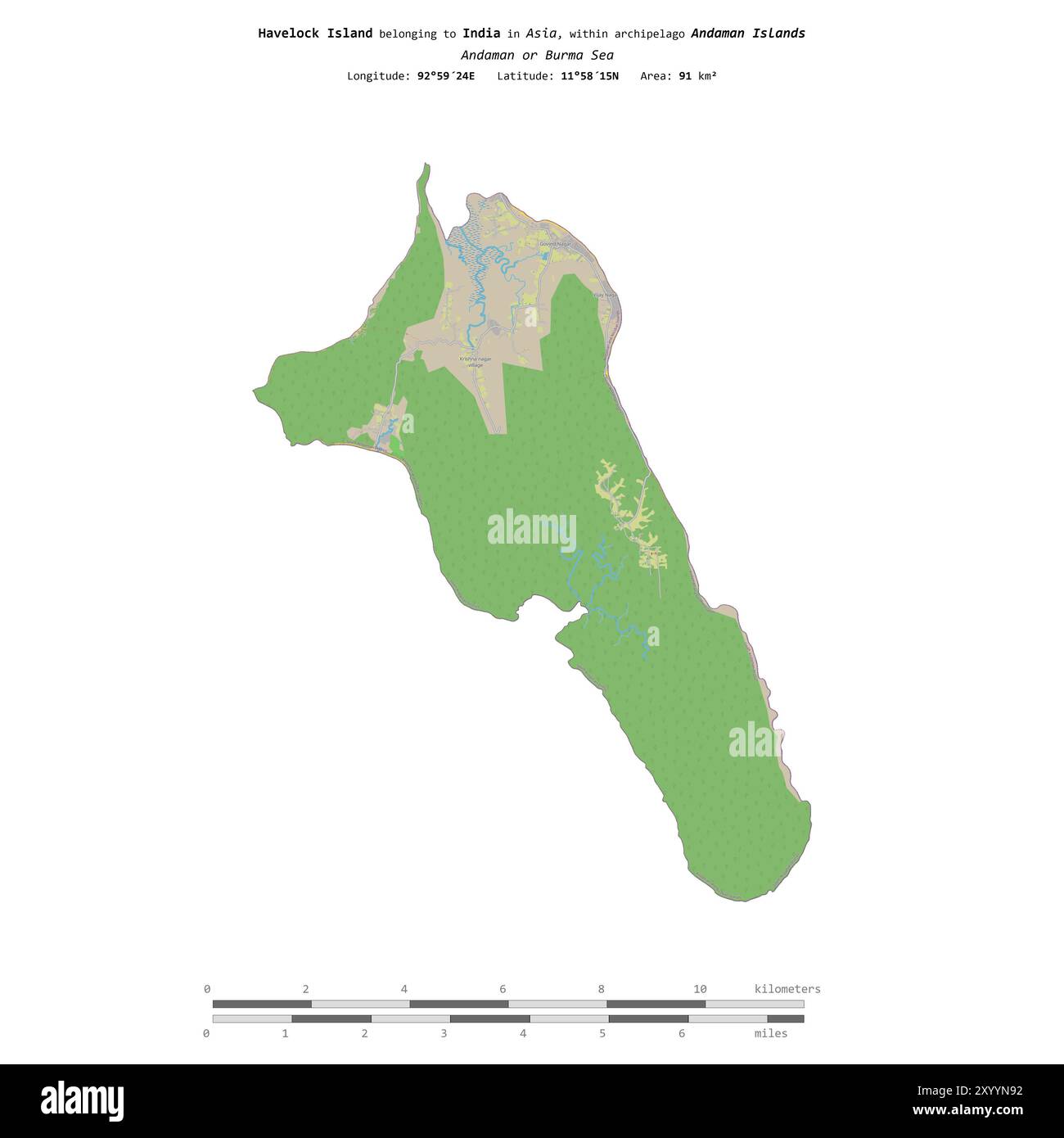 Havelock Island dans la mer d'Andaman ou de Birmanie, appartenant à l'Inde, isolé sur une carte topographique de style OSM standard, avec échelle de distance Banque D'Images