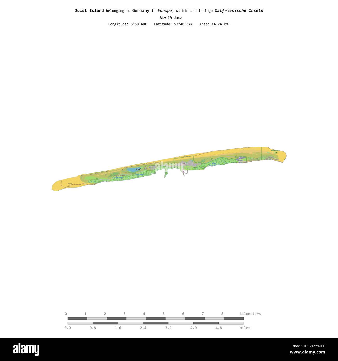 Île de Juist en mer du Nord, appartenant à l'Allemagne, isolée sur une carte topographique de style OSM standard, avec échelle de distance Banque D'Images