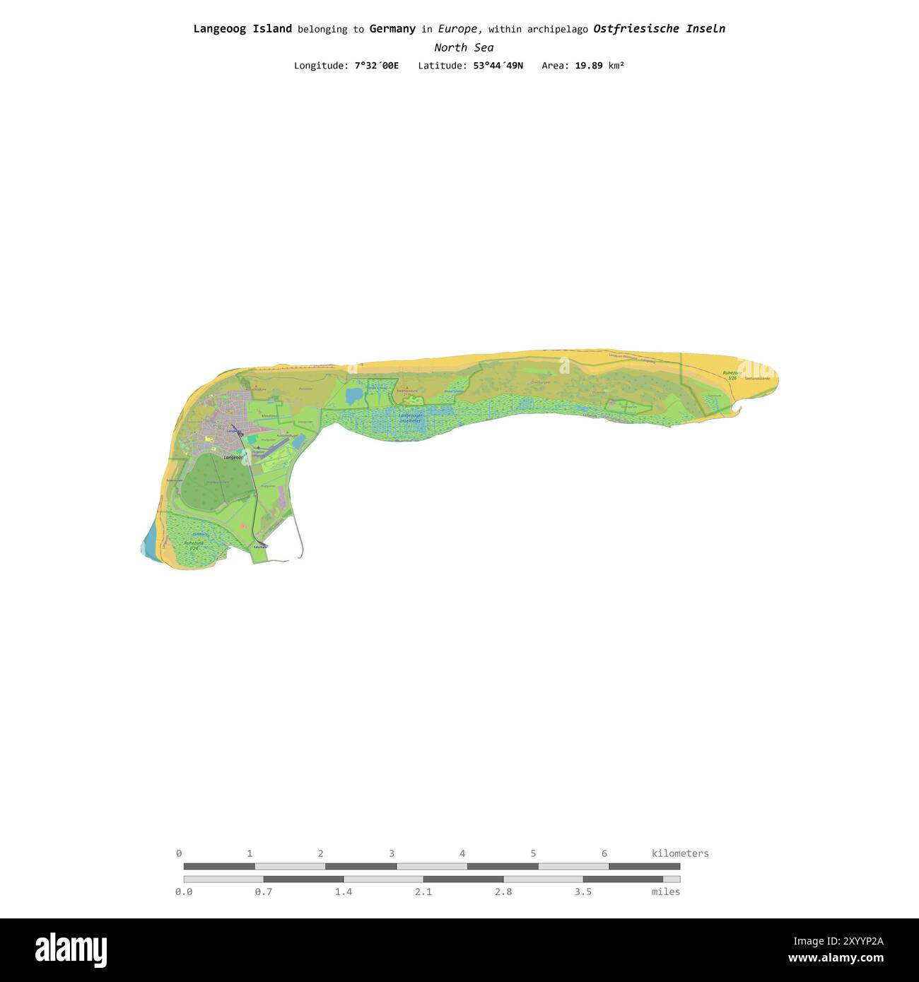 Langeoog Island en mer du Nord, appartenant à l'Allemagne, isolé sur une carte topographique de style standard OSM, avec échelle de distance Banque D'Images