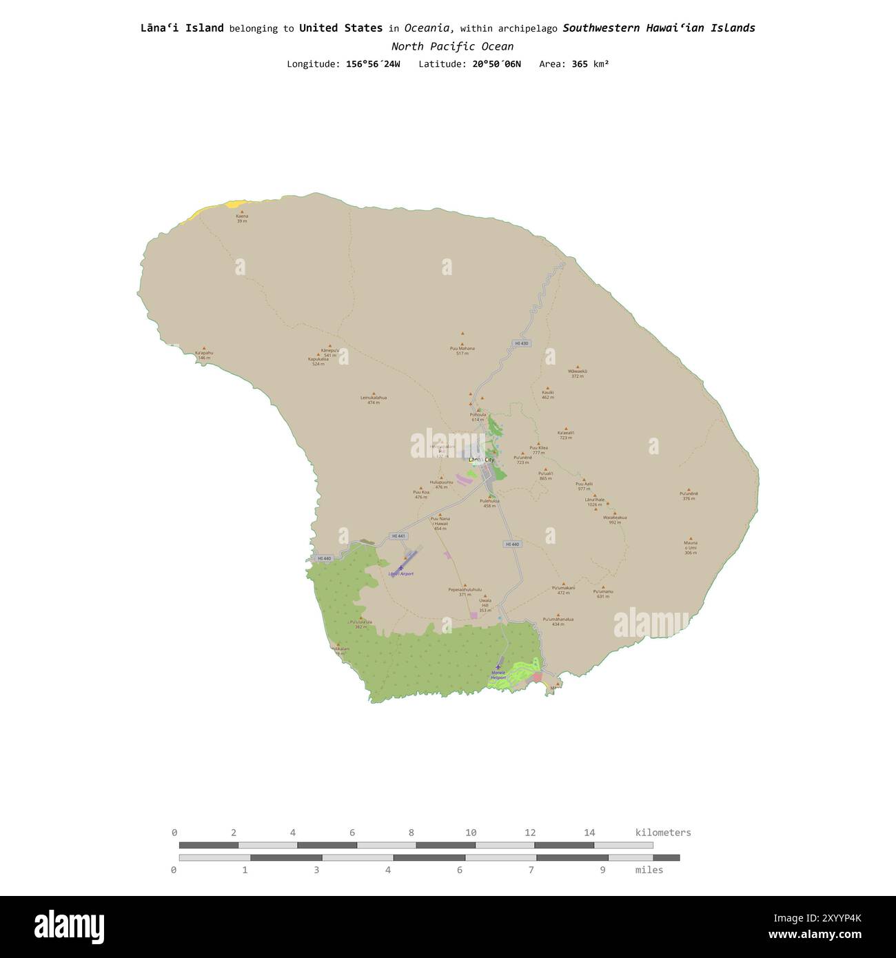 Lanai Island dans l'océan Pacifique Nord, appartenant aux États-Unis, isolé sur une carte topographique de style OSM standard, avec échelle de distance Banque D'Images