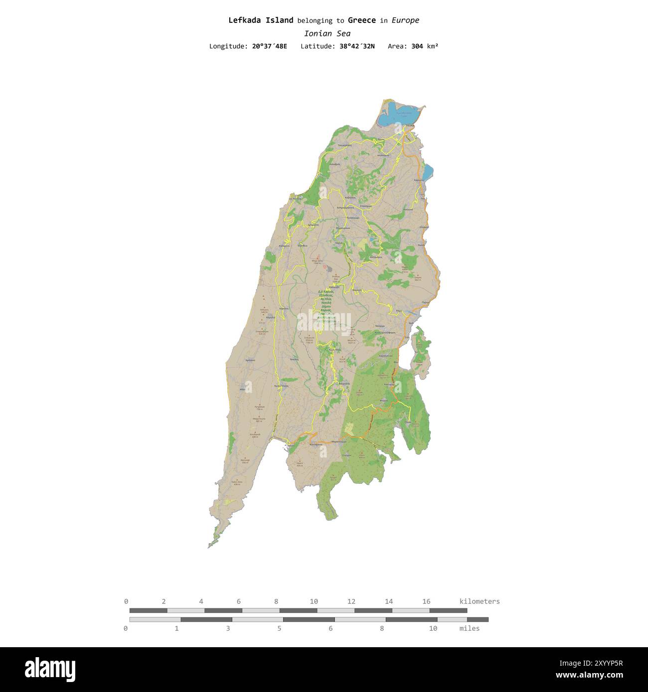 Île de Lefkada dans la mer Ionienne, appartenant à la Grèce, isolée sur une carte topographique de style standard OSM, avec échelle de distance Banque D'Images