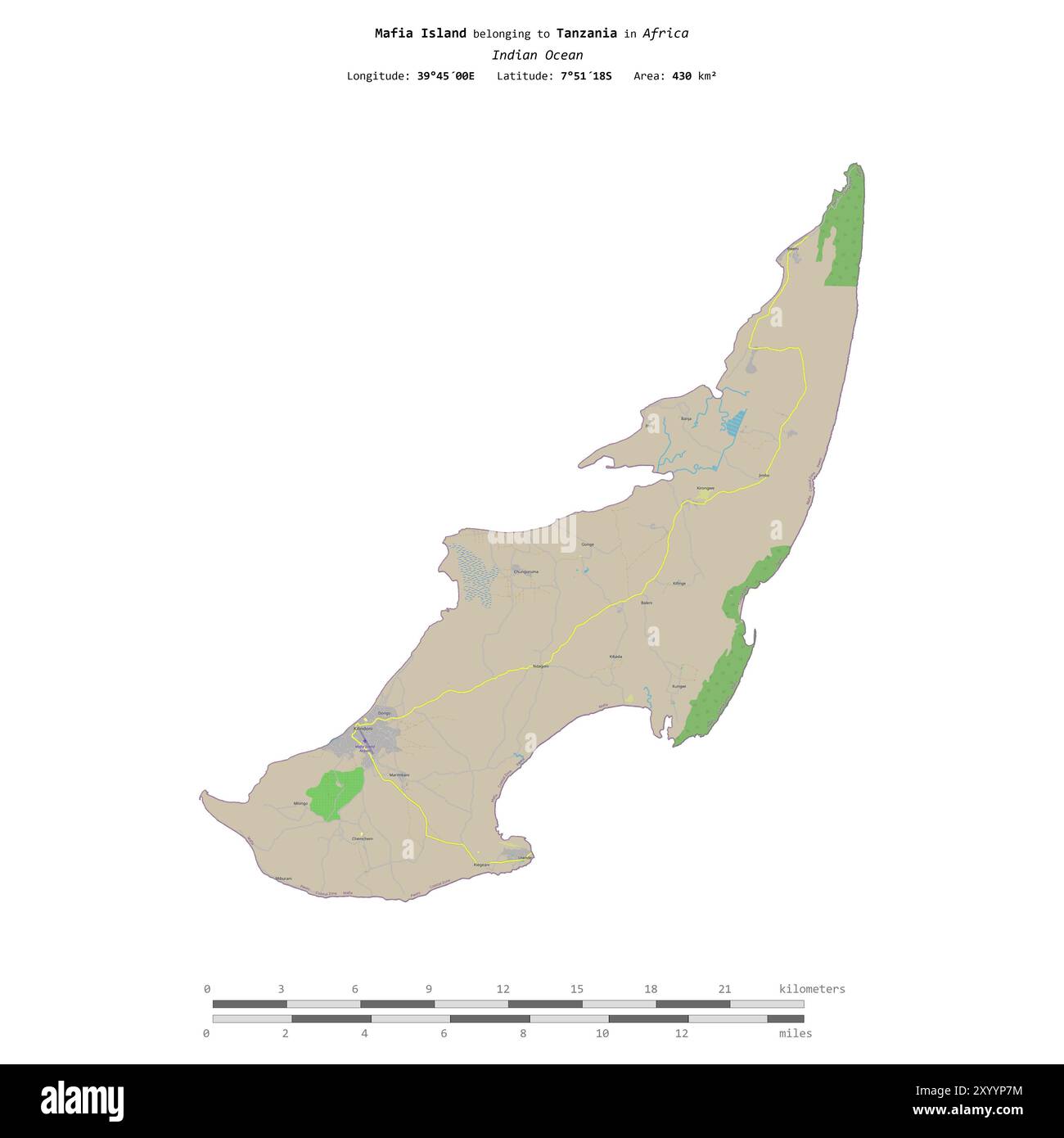 Île de la Mafia dans l'océan Indien, appartenant à la Tanzanie, isolée sur une carte topographique de style standard OSM, avec échelle de distance Banque D'Images