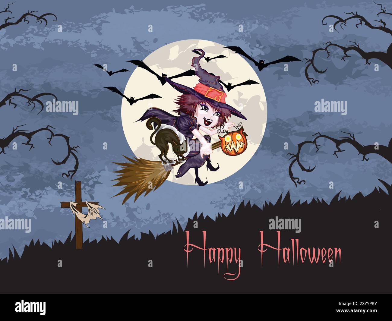Une sorcière vole sur un balai avec des chauves-souris volant derrière elle. Le fond a une croix et une lune Illustration de Vecteur