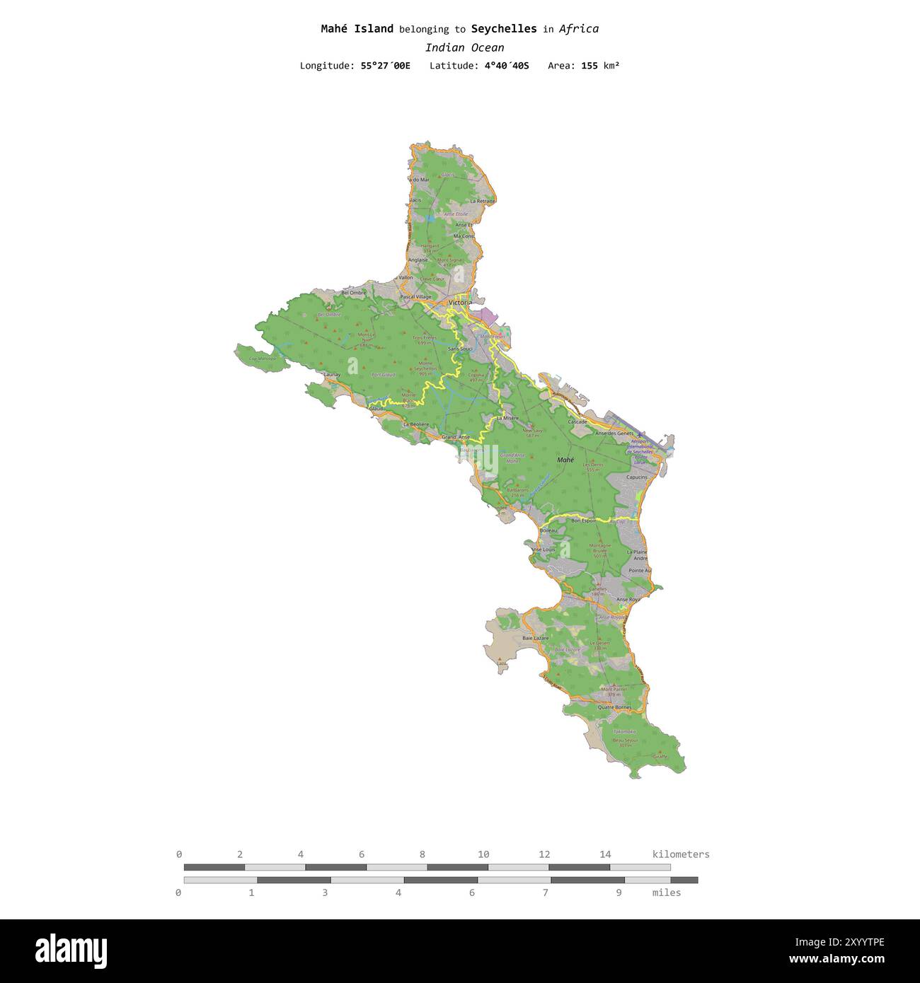 Île de Mahé dans l'océan Indien, appartenant aux Seychelles, isolée sur une carte topographique de style standard OSM, avec échelle de distance Banque D'Images