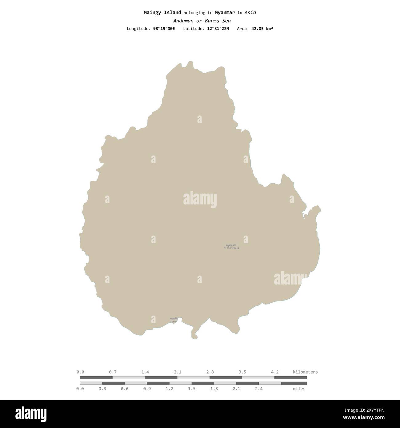 Maingy Island dans la mer d'Andaman ou de Birmanie, appartenant au Myanmar, isolé sur une carte topographique de style standard OSM, avec échelle de distance Banque D'Images