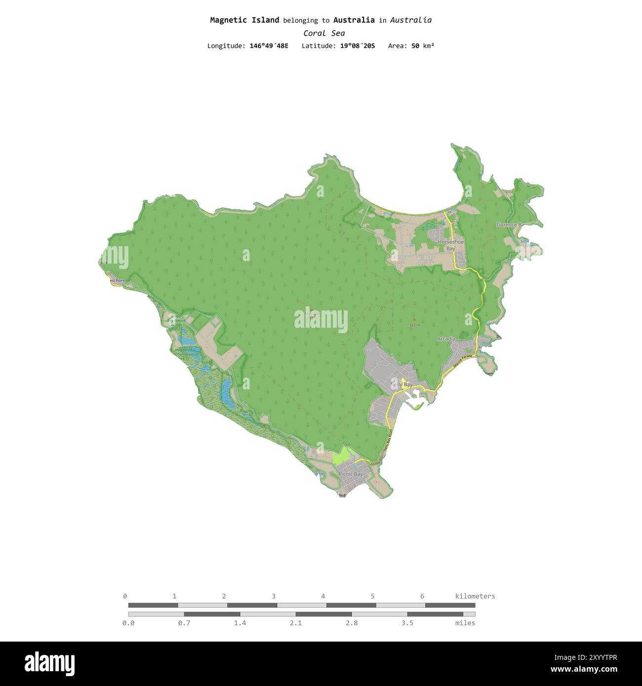 Île magnétique dans la mer de Corail, appartenant à l'Australie, isolée sur une carte topographique de style OSM standard, avec échelle de distance Banque D'Images