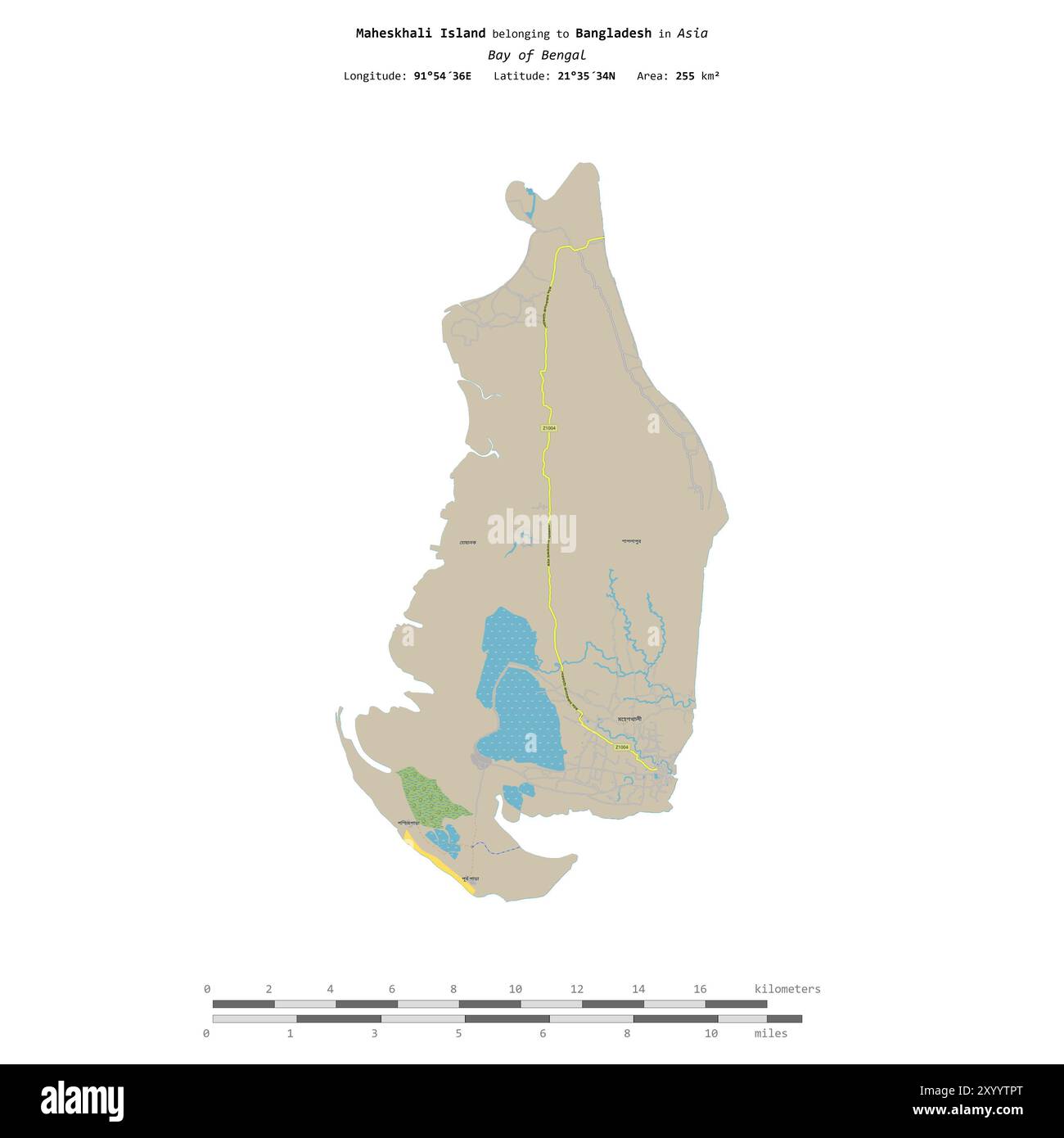 Île Maheskhali dans la baie du Bengale, appartenant au Bangladesh, isolée sur une carte topographique de style OSM standard, avec échelle de distance Banque D'Images