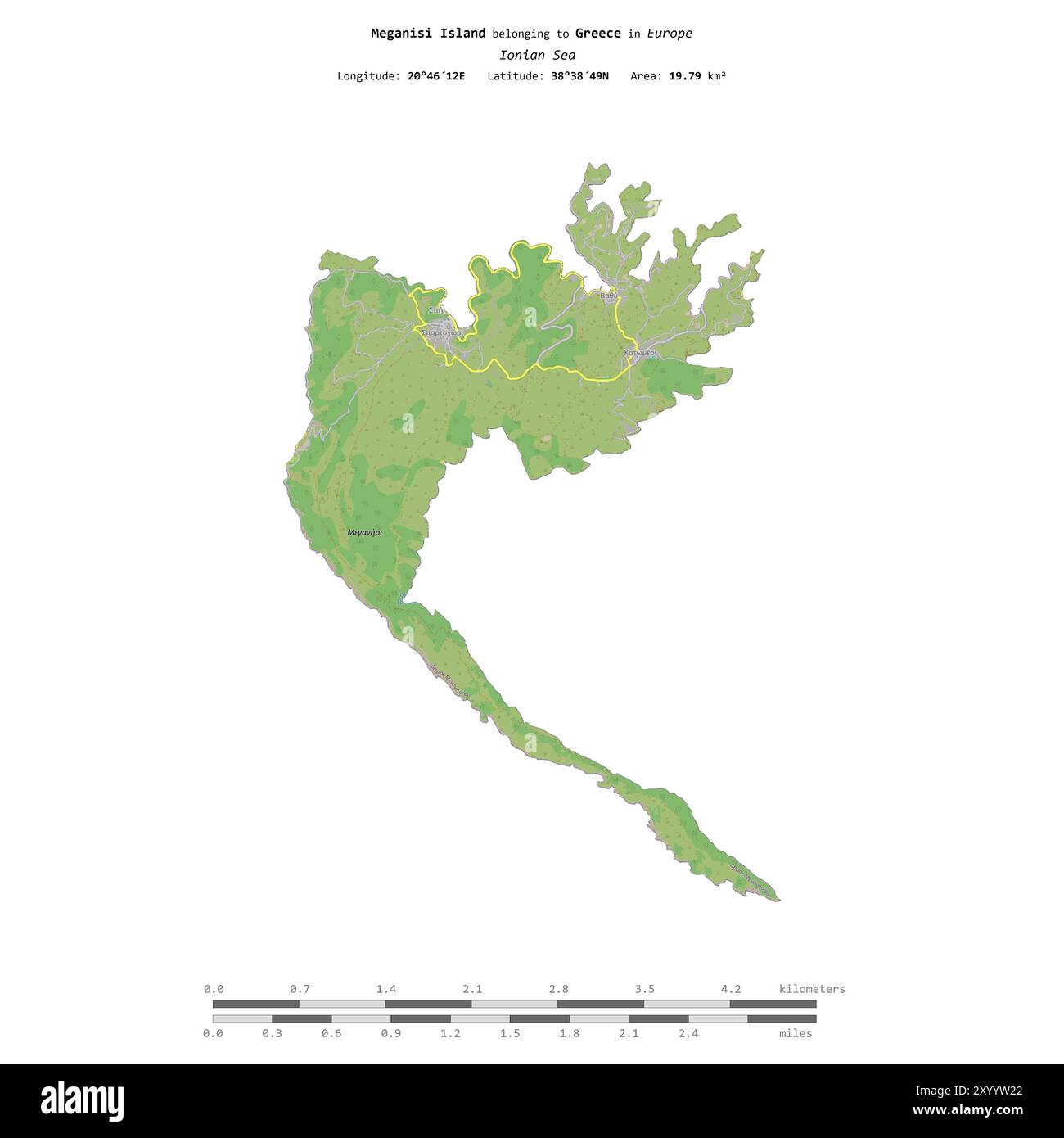 Île de Meganisi dans la mer Ionienne, appartenant à la Grèce, isolée sur une carte topographique de style standard OSM, avec échelle de distance Banque D'Images