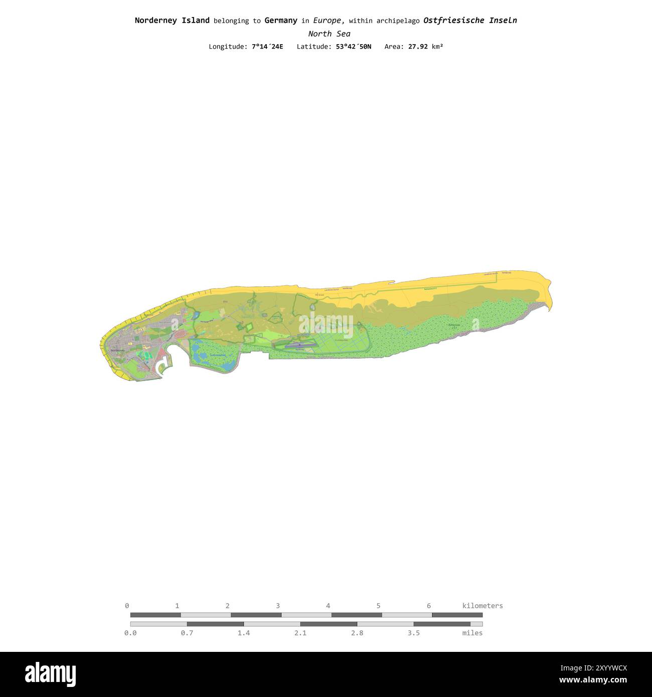 Norderney Island dans la mer du Nord, appartenant à l'Allemagne, isolé sur une carte topographique de style standard OSM, avec échelle de distance Banque D'Images