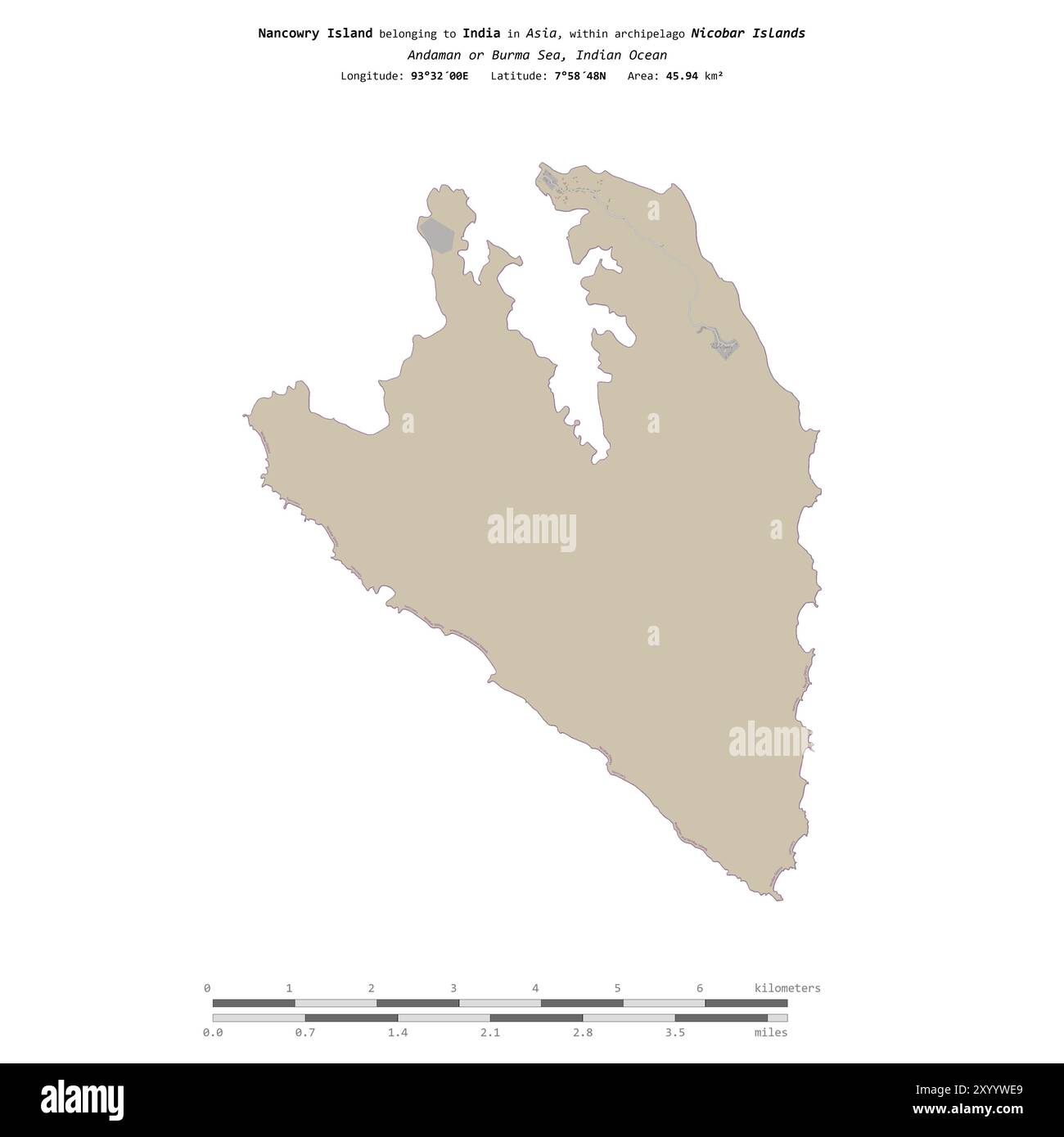 Nancowry Island dans l'océan Indien, appartenant à l'Inde, isolé sur une carte topographique de style standard OSM, avec échelle de distance Banque D'Images