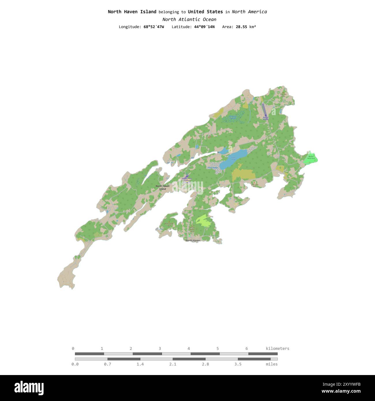 North Haven Island dans l'océan Atlantique Nord, appartenant aux États-Unis, isolé sur une carte topographique de style standard OSM, avec échelle de distance Banque D'Images