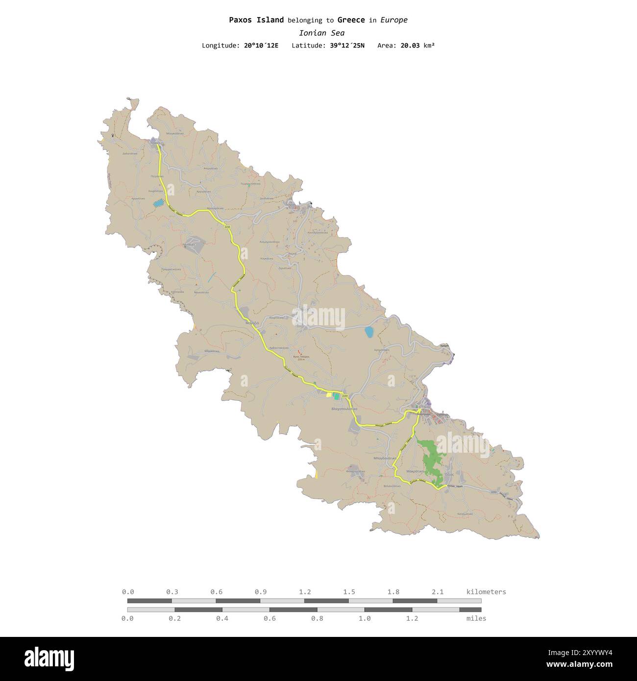 Île de Paxos dans la mer Ionienne, appartenant à la Grèce, isolée sur une carte topographique de style standard OSM, avec échelle de distance Banque D'Images