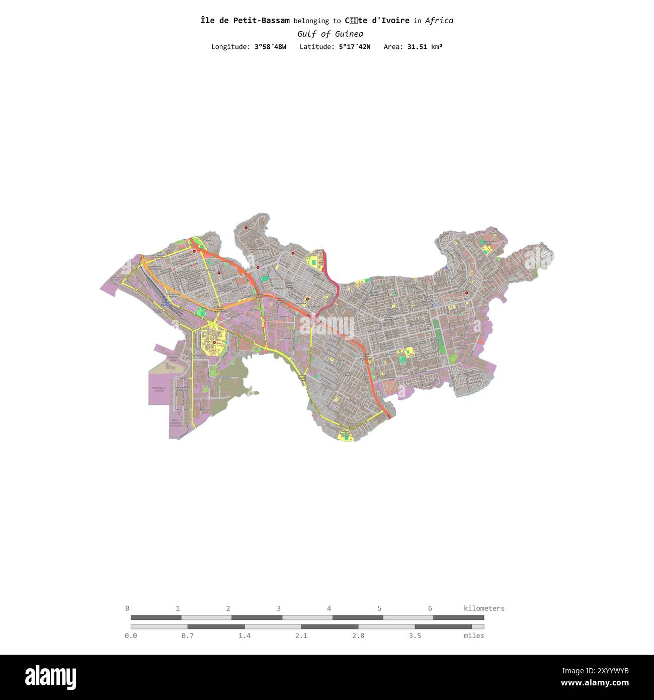 Ile de petit-Bassam dans le golfe de Guinée, appartenant à la Côte d'Ivoire, isolée sur une carte topographique de style standard OSM, avec échelle de distance Banque D'Images
