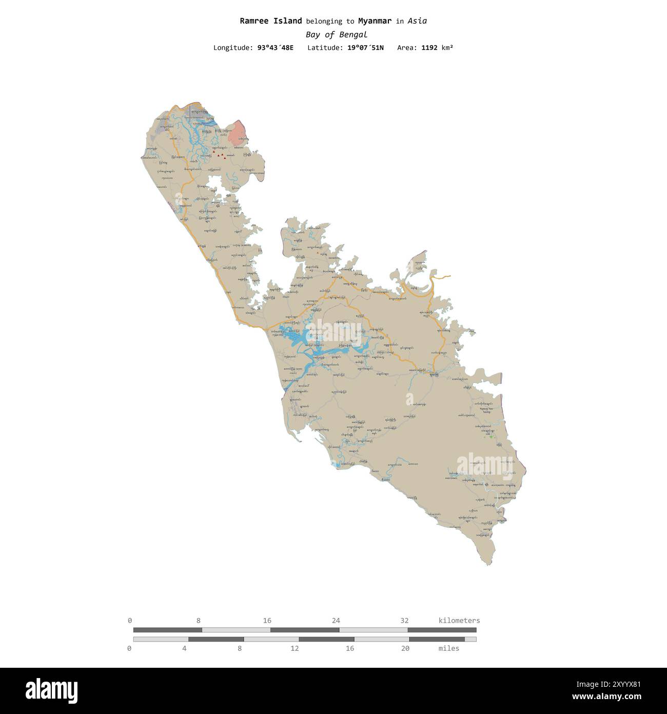 Île de Ramree dans la baie du Bengale, appartenant au Myanmar, isolée sur une carte topographique de style OSM standard, avec échelle de distance Banque D'Images