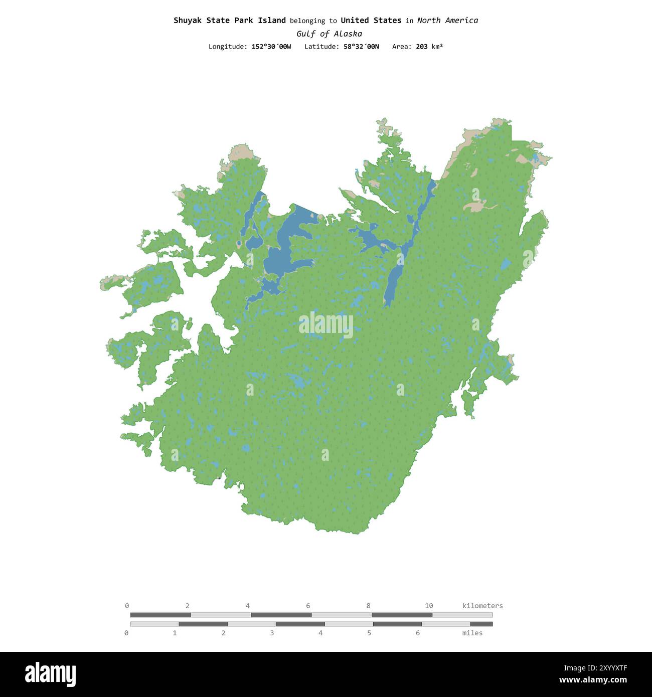 Shuyak State Park Island dans le golfe de l'Alaska, appartenant aux États-Unis, isolé sur une carte topographique de style OSM standard, avec échelle de distance Banque D'Images