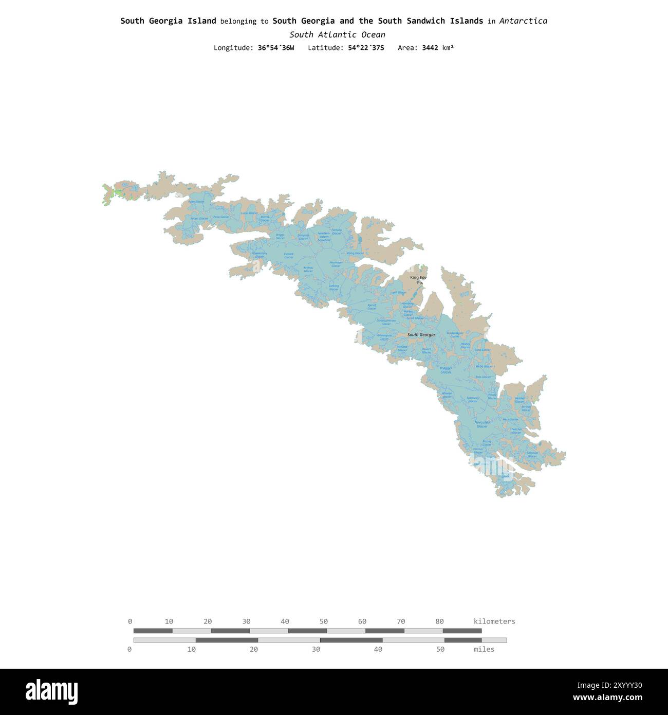 Île de Géorgie du Sud dans l'océan Atlantique Sud, appartenant à la Géorgie du Sud et aux îles Sandwich du Sud, isolée sur une topographie, norme OSM s Banque D'Images