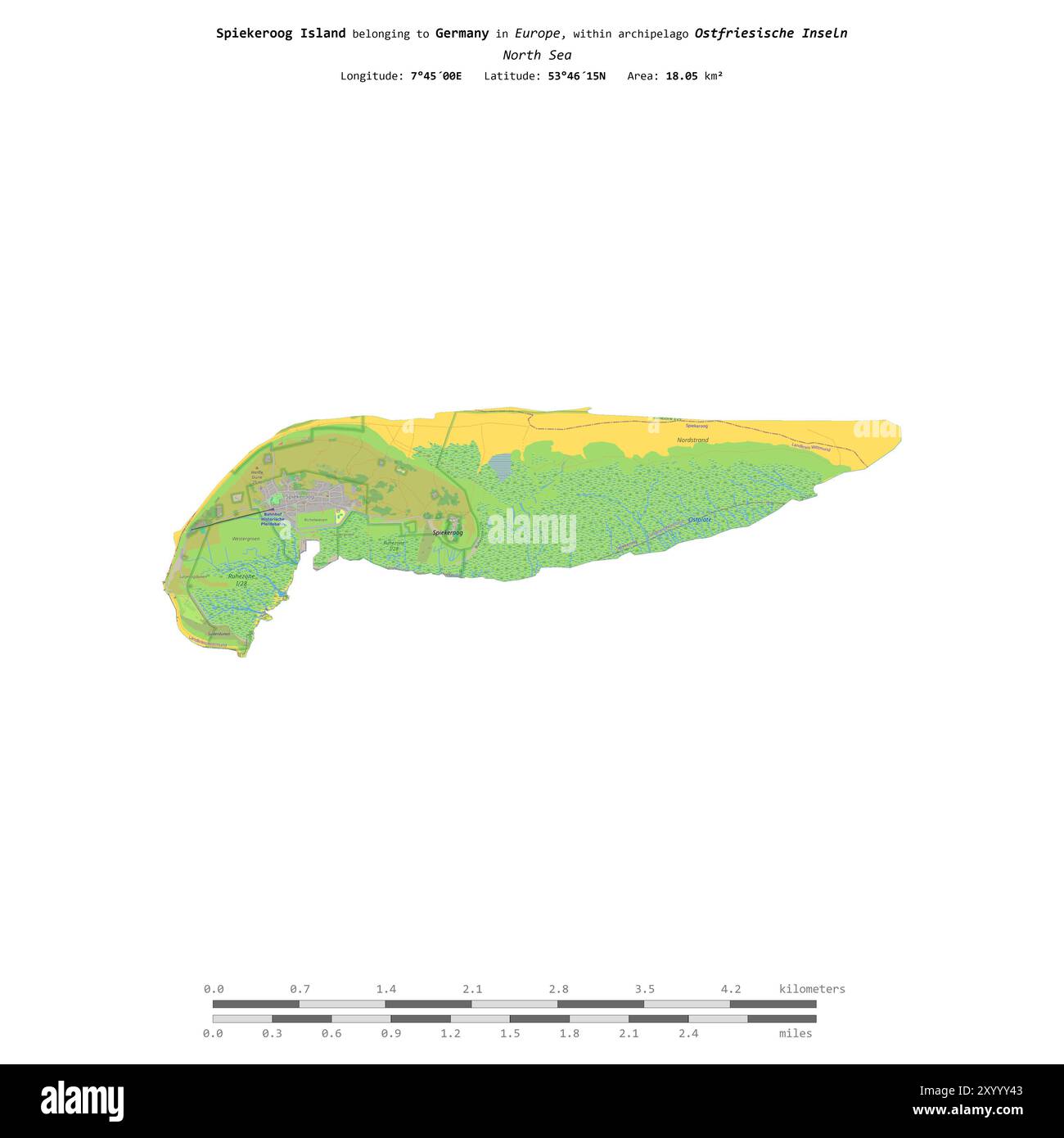 Île Spiekeroog en mer du Nord, appartenant à l'Allemagne, isolée sur une carte topographique de style standard OSM, avec échelle de distance Banque D'Images