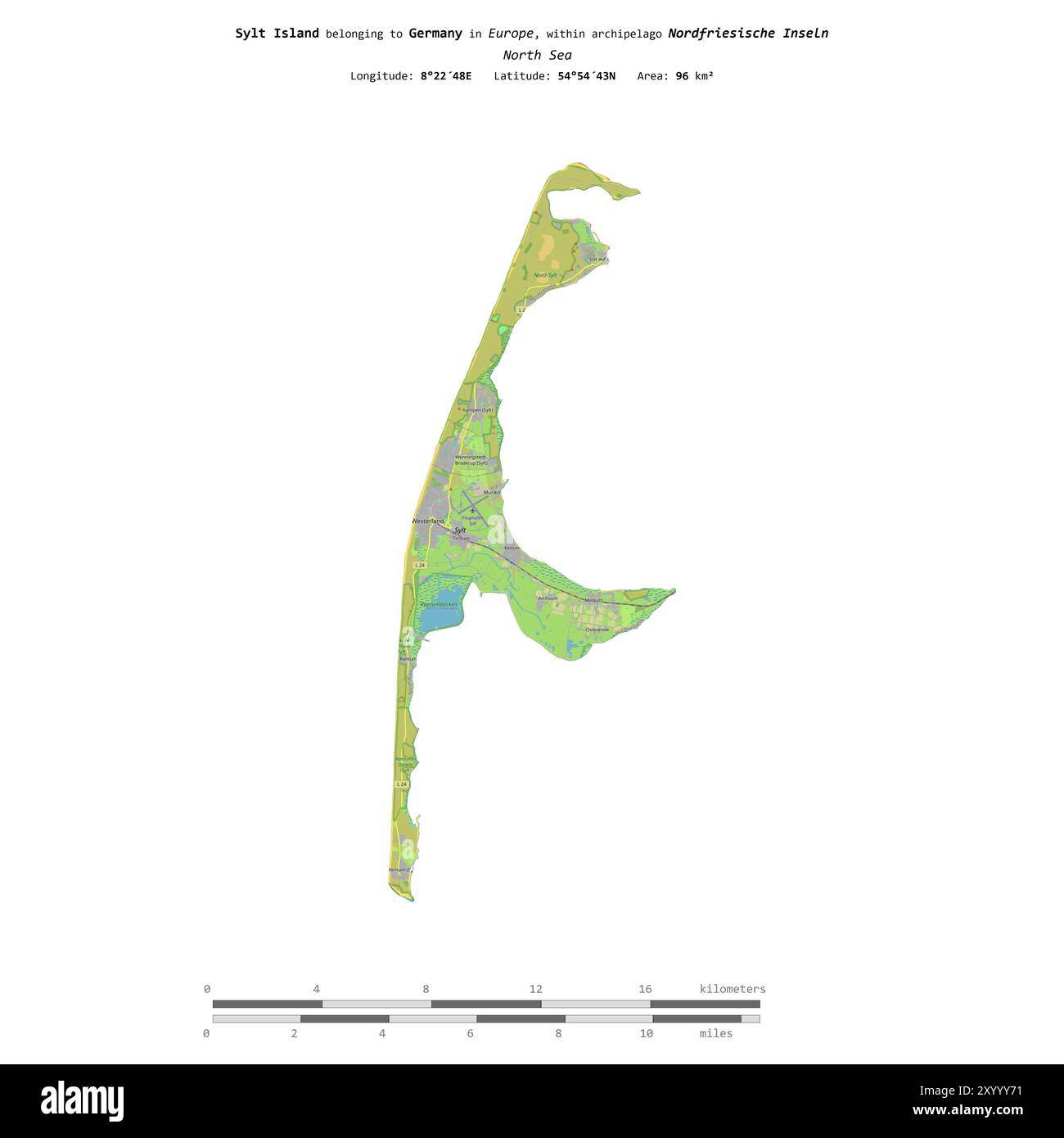 Île Sylt en mer du Nord, appartenant à l'Allemagne, isolée sur une carte topographique de style standard OSM, avec échelle de distance Banque D'Images