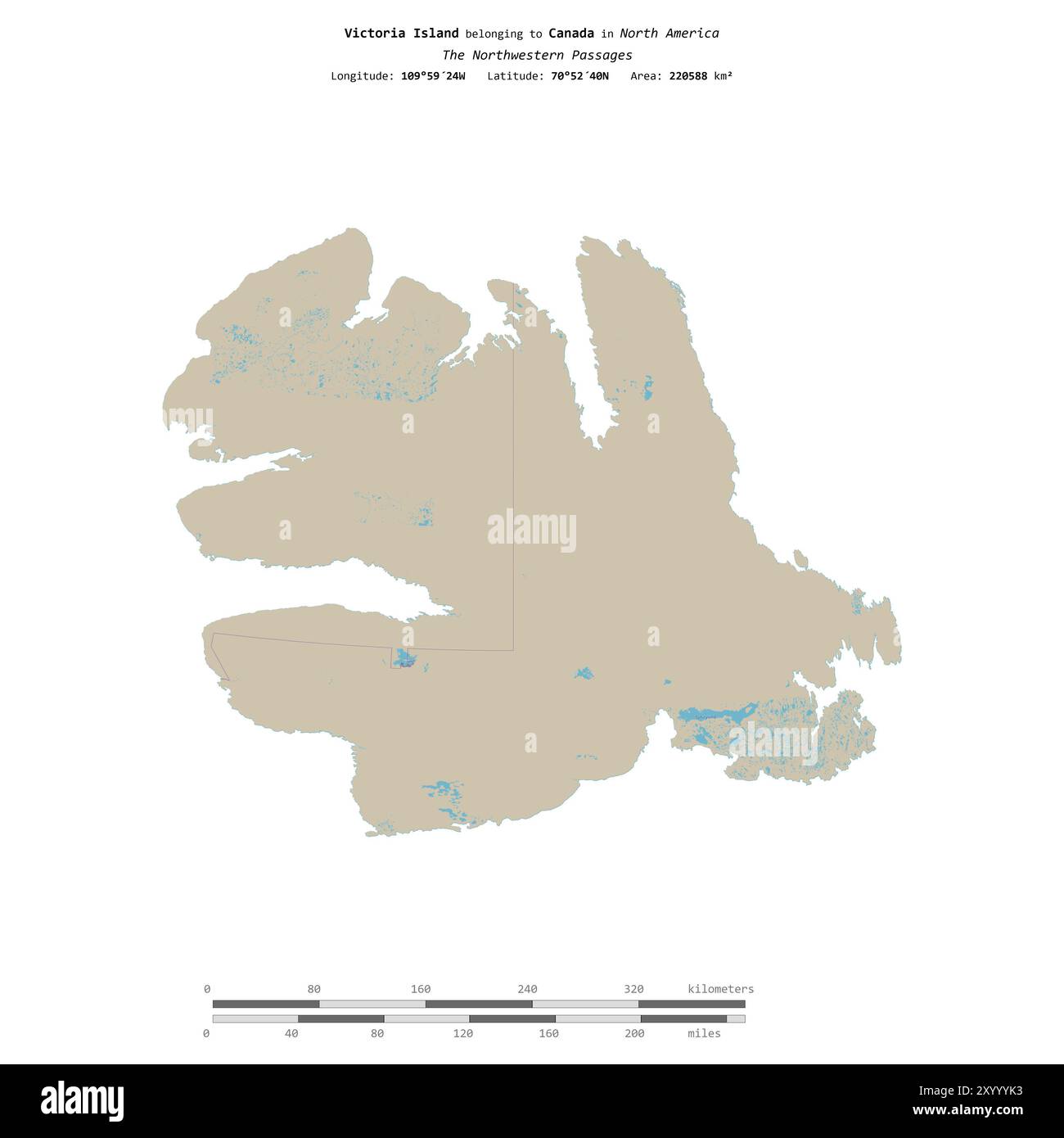 Île Victoria dans les passages du Nord-Ouest, appartenant au Canada, isolée sur une carte topographique de style OSM standard, avec échelle de distance Banque D'Images