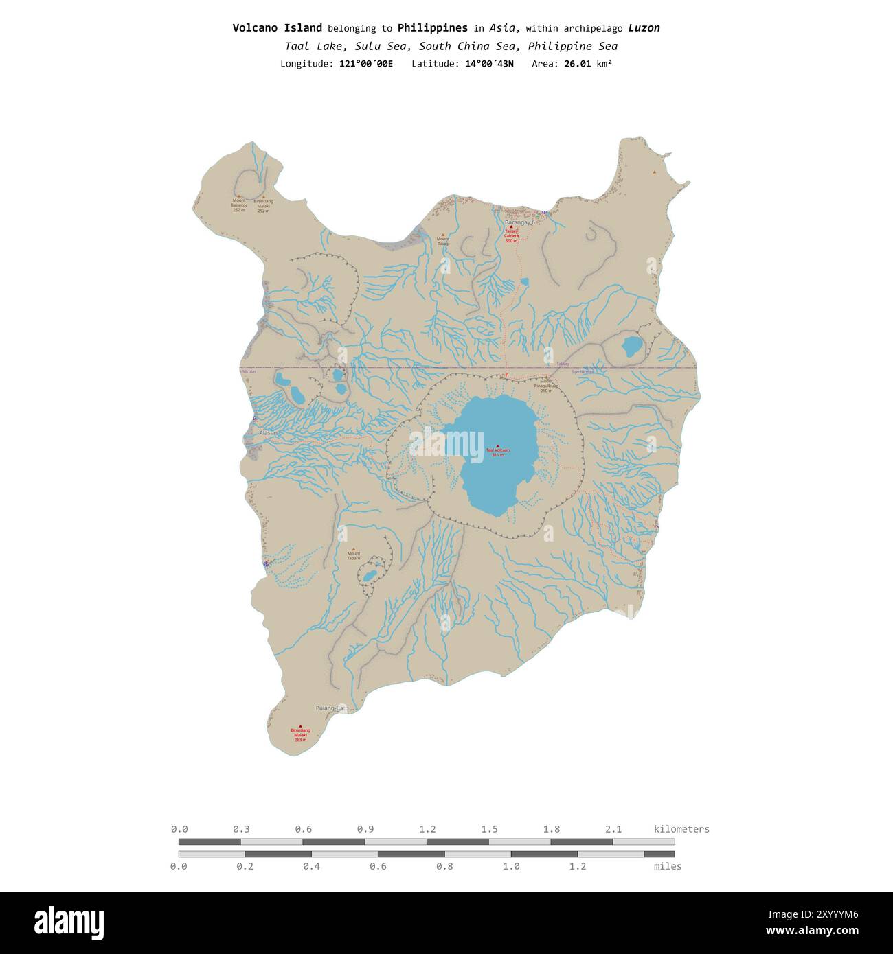 Volcano Island dans la mer de Sulu, appartenant aux Philippines, isolé sur une carte topographique de style standard OSM, avec échelle de distance Banque D'Images