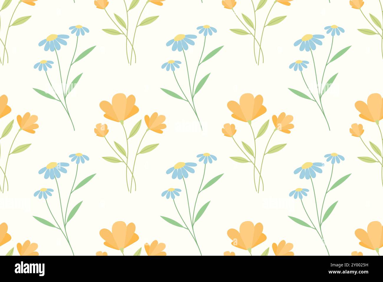 Motif répétitif représentant des fleurs stylisées orange et bleu avec des feuilles vertes sur fond blanc. Illustration de Vecteur