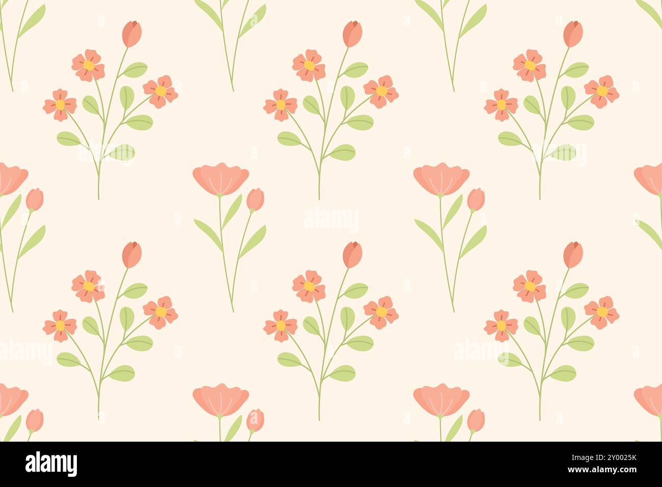 Un motif répétitif de fleurs roses et de bourgeons avec des feuilles vertes sur un fond pâle. Illustration de Vecteur