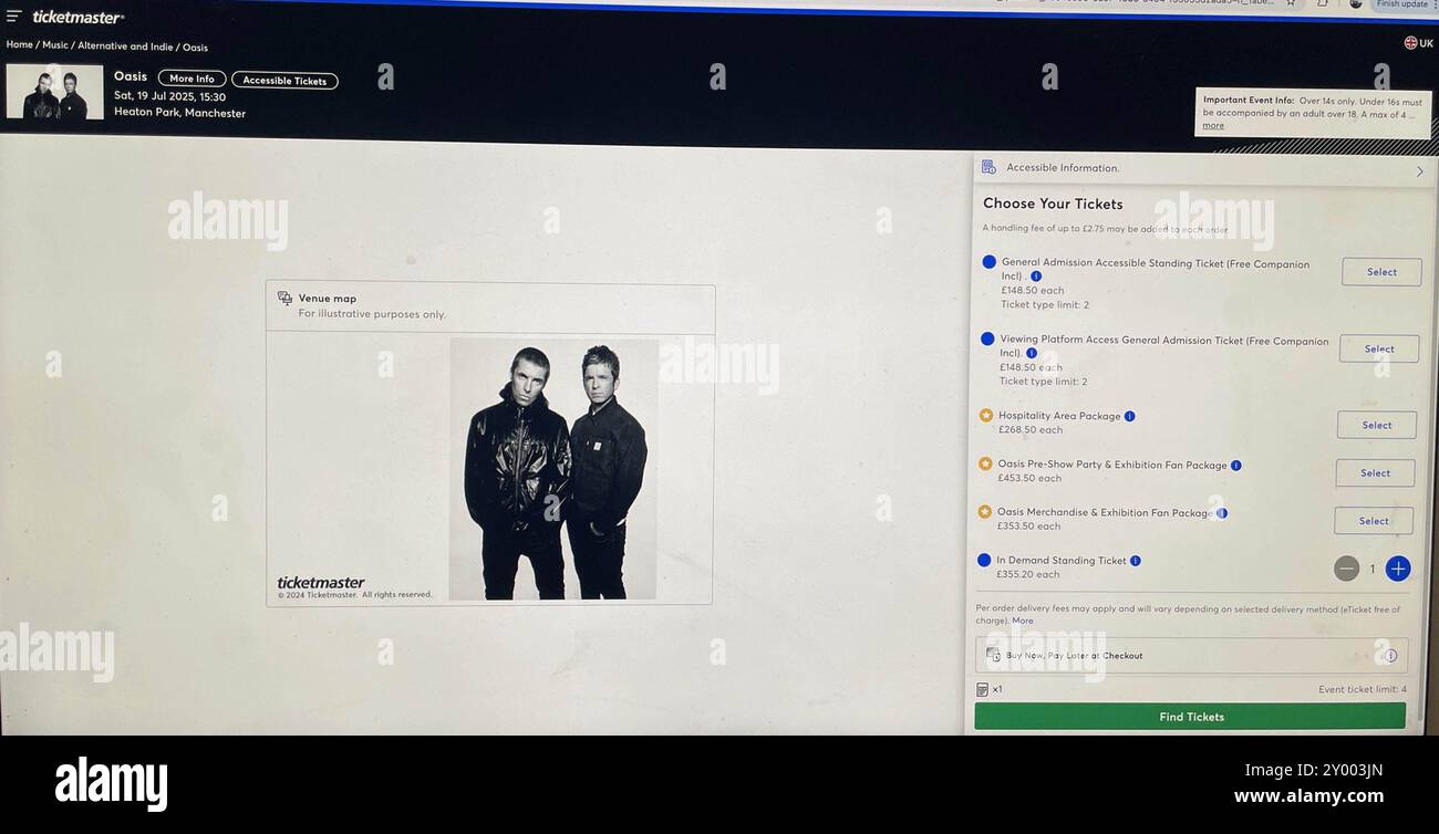 Une capture d'écran du site Web de Ticketmaster détaillant les informations de prix en demande sur les billets de concert Oasis en vente à Manchester. Les fans d'oasis à travers le Royaume-Uni et l'Irlande qui ont manqué des billets en prévente tenteront de s'assurer leur place aux concerts de réunion du groupe pendant la vente générale de samedi. Date d'émission : samedi 31 août 2024. Banque D'Images