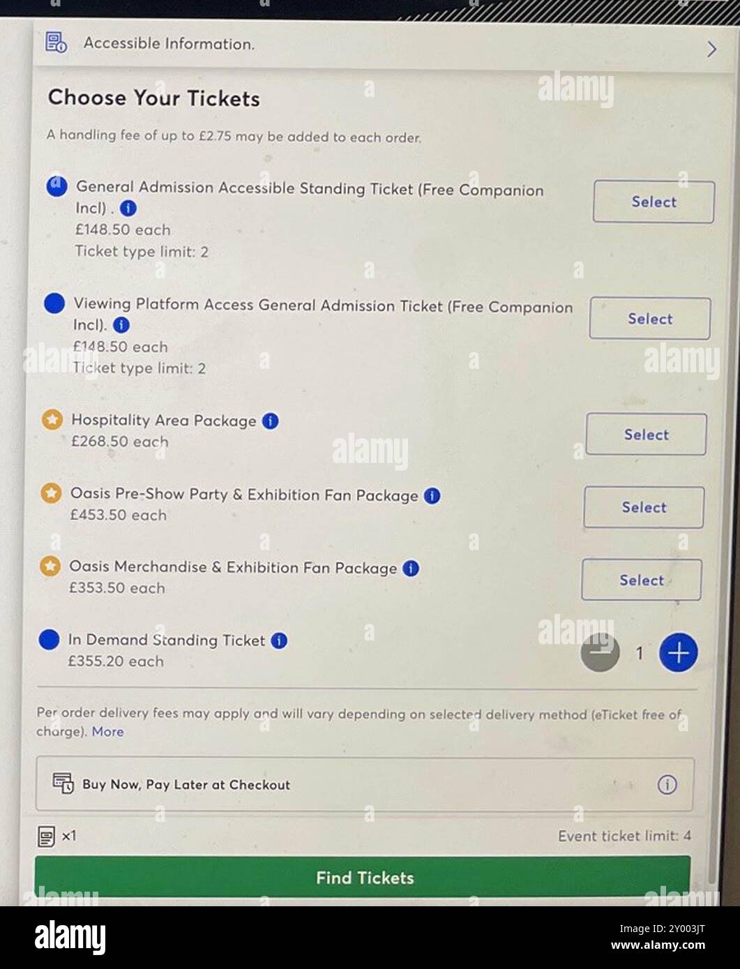 Une capture d'écran du site Web de Ticketmaster détaillant les informations de prix en demande sur les billets de concert Oasis en vente à Manchester. Les fans d'oasis à travers le Royaume-Uni et l'Irlande qui ont manqué des billets en prévente tenteront de s'assurer leur place aux concerts de réunion du groupe pendant la vente générale de samedi. Date d'émission : samedi 31 août 2024. Banque D'Images