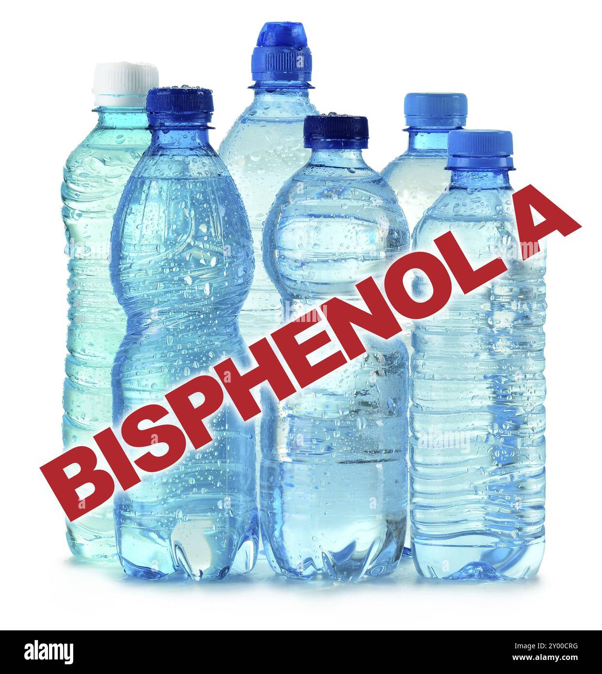 La lutte contre le bisphénol A (BPA) signe avec les bouteilles en plastique polycarbonate d'eau minérale Banque D'Images