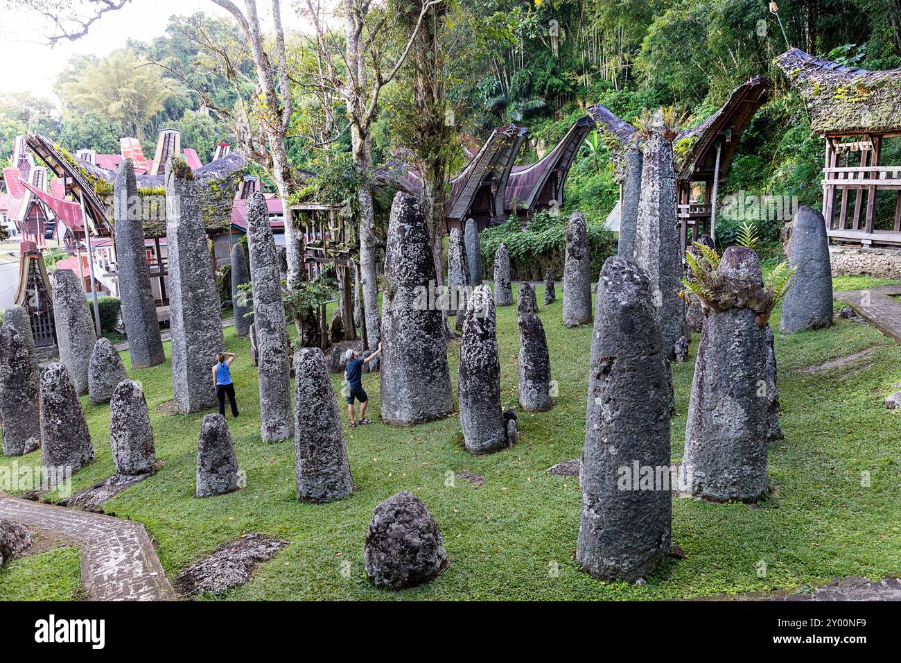 Touristes en vacances en famille explorant Bori Kalimbuang, site funéraire mégalithique, entouré de bâtiments traditionnels tana toraja, sulawesi Banque D'Images