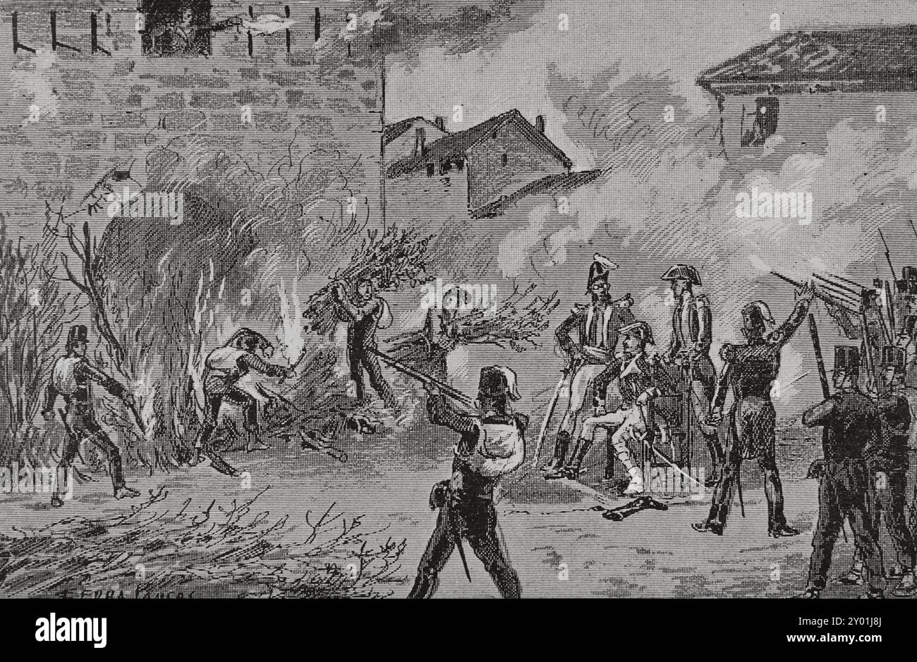 Espagne. Catalogne. Guerre d'indépendance espagnole (1808-1814). La ville de Manresa s'opposa à beaucoup de résistance à l'occupation française. Entre 1810 et 1812, l'armée impériale française effectue cinq incursions sur la ville. Du 16 mars au 4 avril 1810, un important contingent français sous le commandement du général Schwartz entre à Manresa. Le 5 novembre, ils ont mené une opération punitive dans la ville, incendiant et pillant des maisons. Le 30 mars 1811, les événements les plus graves se sont produits à Manresa occupée. Les troupes du général Macdonald ont saccagé des maisons, mis le feu à une quarantaine de bâtiments et exécuté des s. Banque D'Images