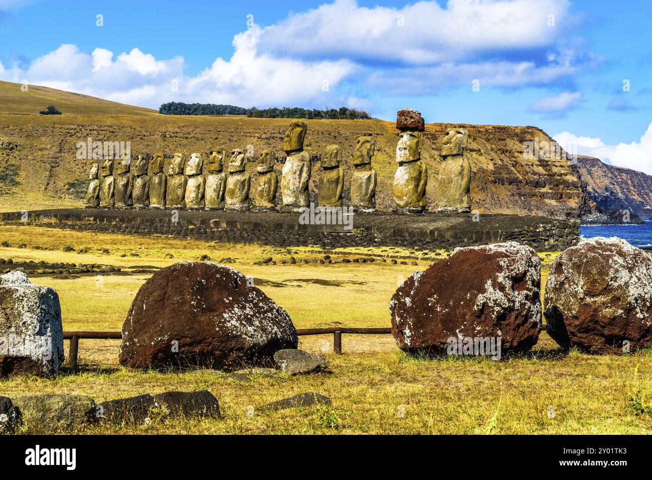 Moai dans le parc national de Rapa Nui sur l'île de Pâques, Chili, Amérique du Sud Banque D'Images