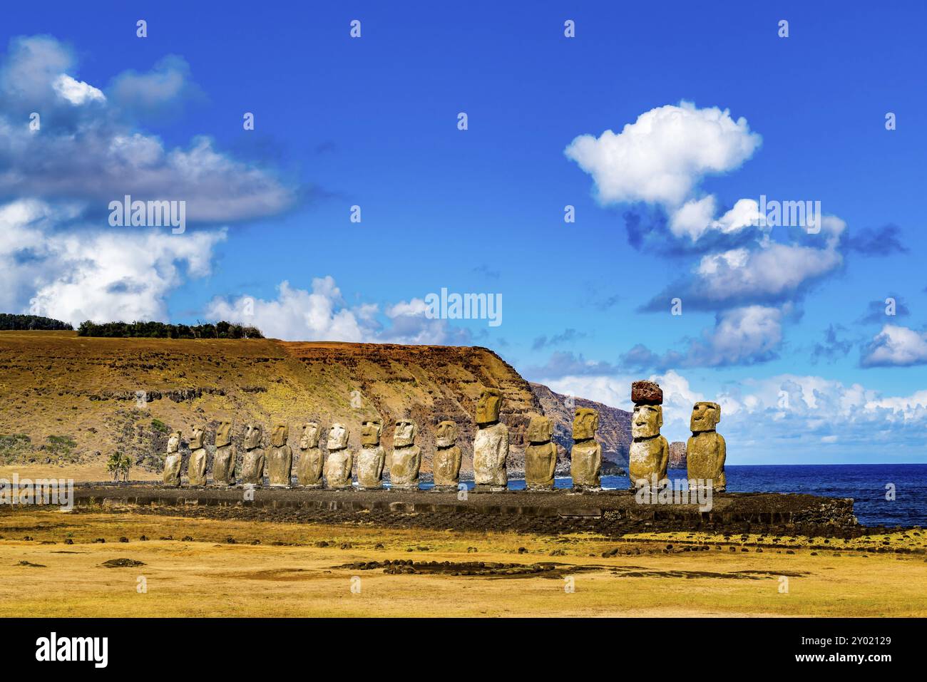Dans Moai Ahu Tongariki au parc national de Rapa Nui sur l'île de Pâques au Chili Banque D'Images